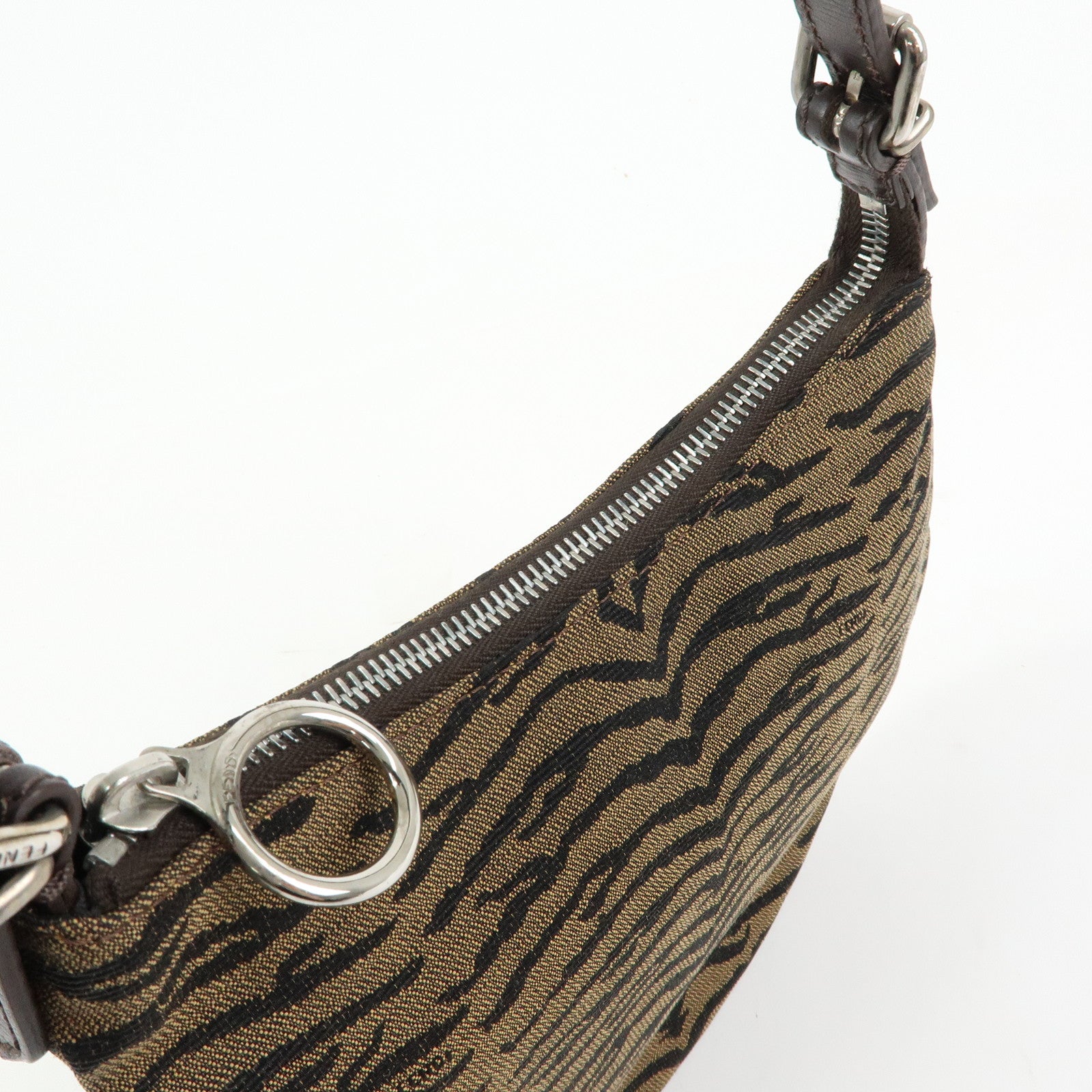 FENDI Canvas Leather Shoulder Bag Leopard Brown Black 8BR248