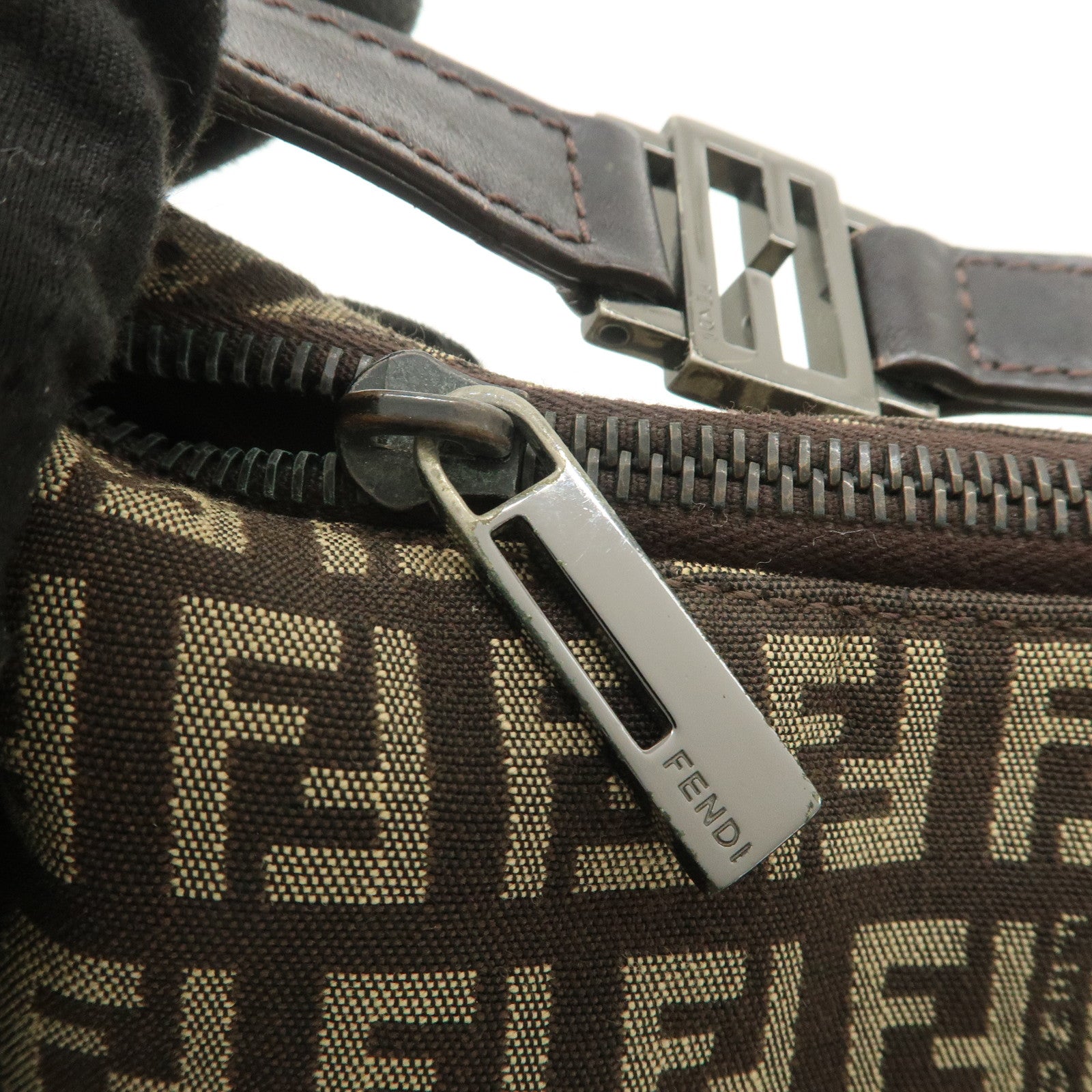 FENDI Zucchino Canvas Leather Hand Bag Shoulder Bag Brown 8BR441