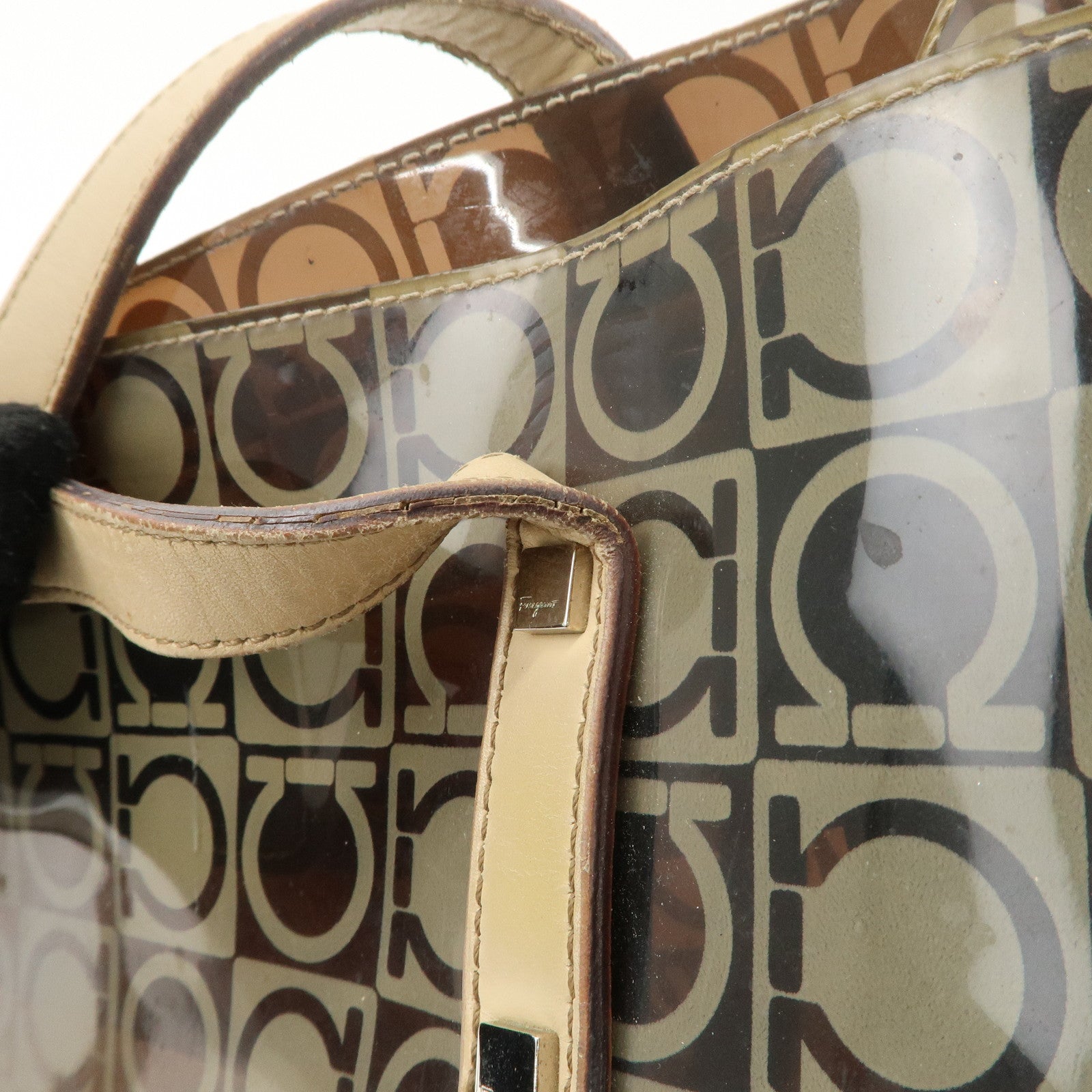 Ferragamo Gancini Vinyl Tote Bag Hand Bag Beige Khaki Silver HDW Used