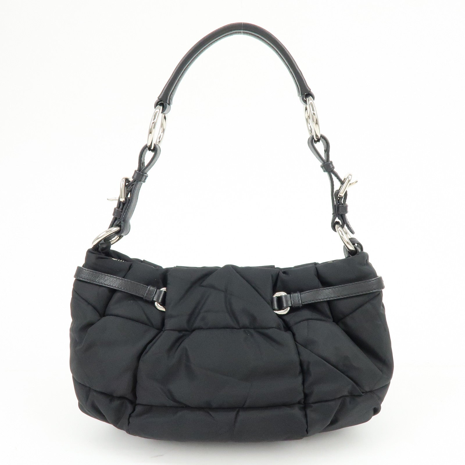 PRADA Logo Nylon Puffy Leather Shoulder Bag Hand Bag Black Silver