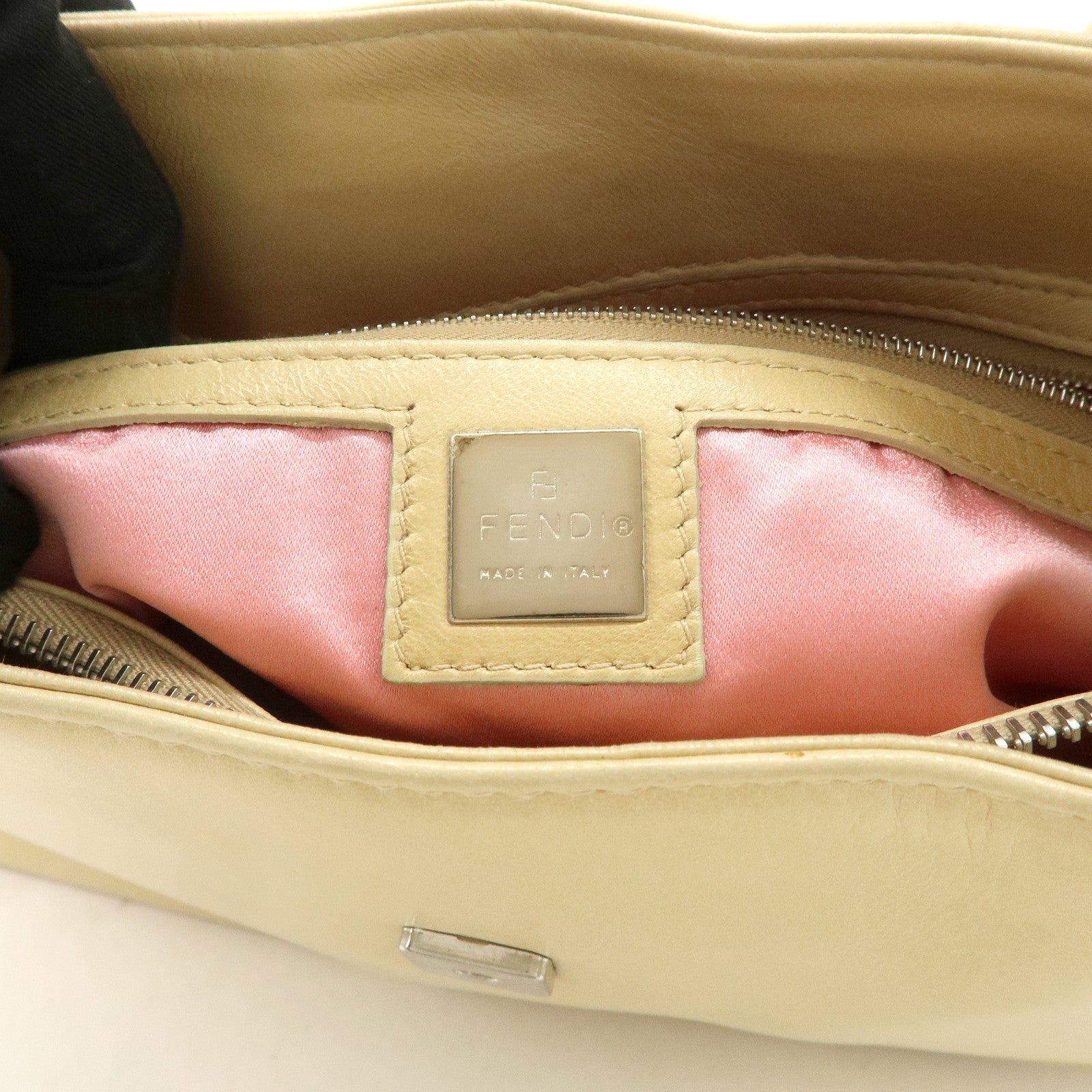 FENDI Logo Leather Shoulder Bag Hand Bag Beige Silver Hardware