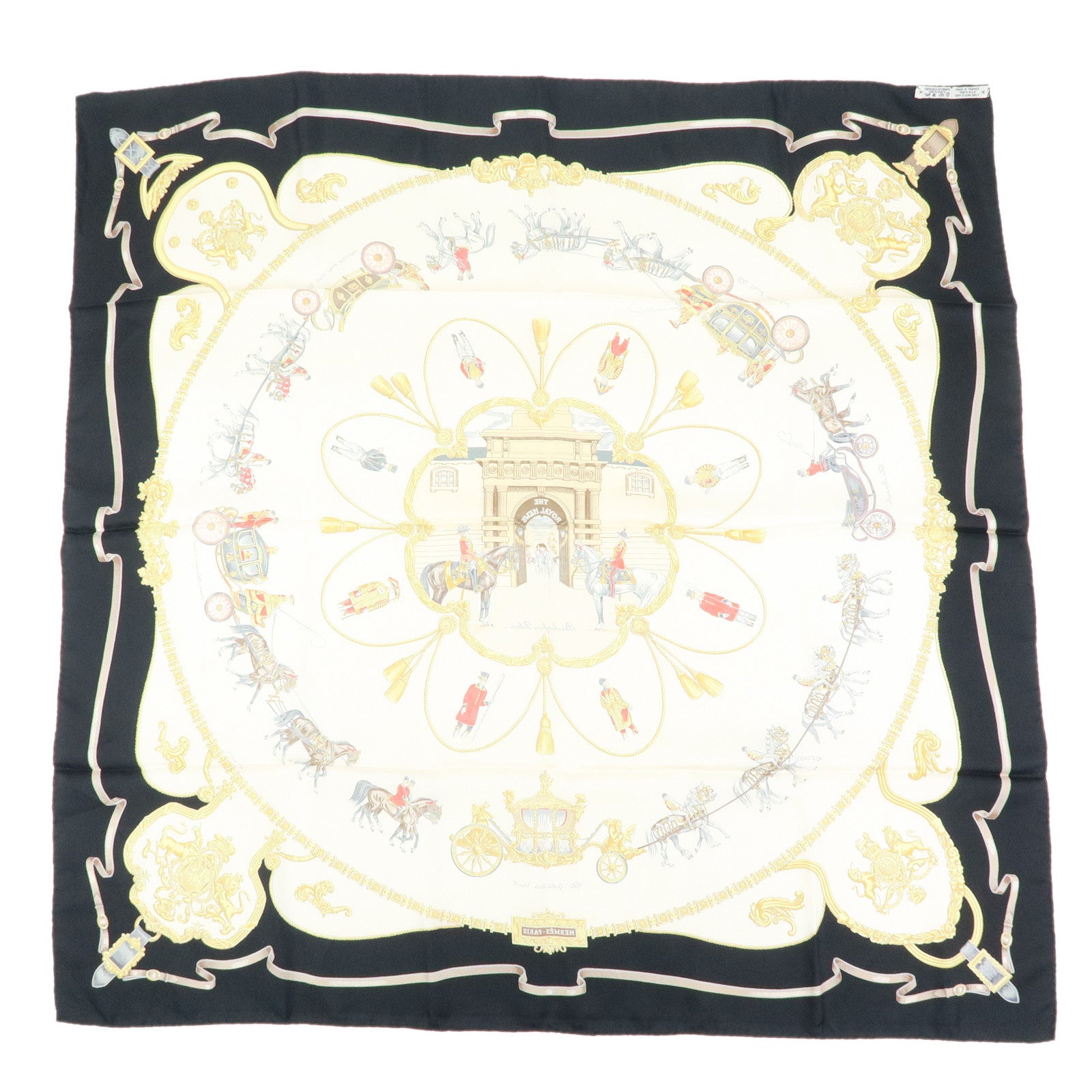 HERMES Carre 90 Silk 100% Scarf THE ROYAL MEWS Black White