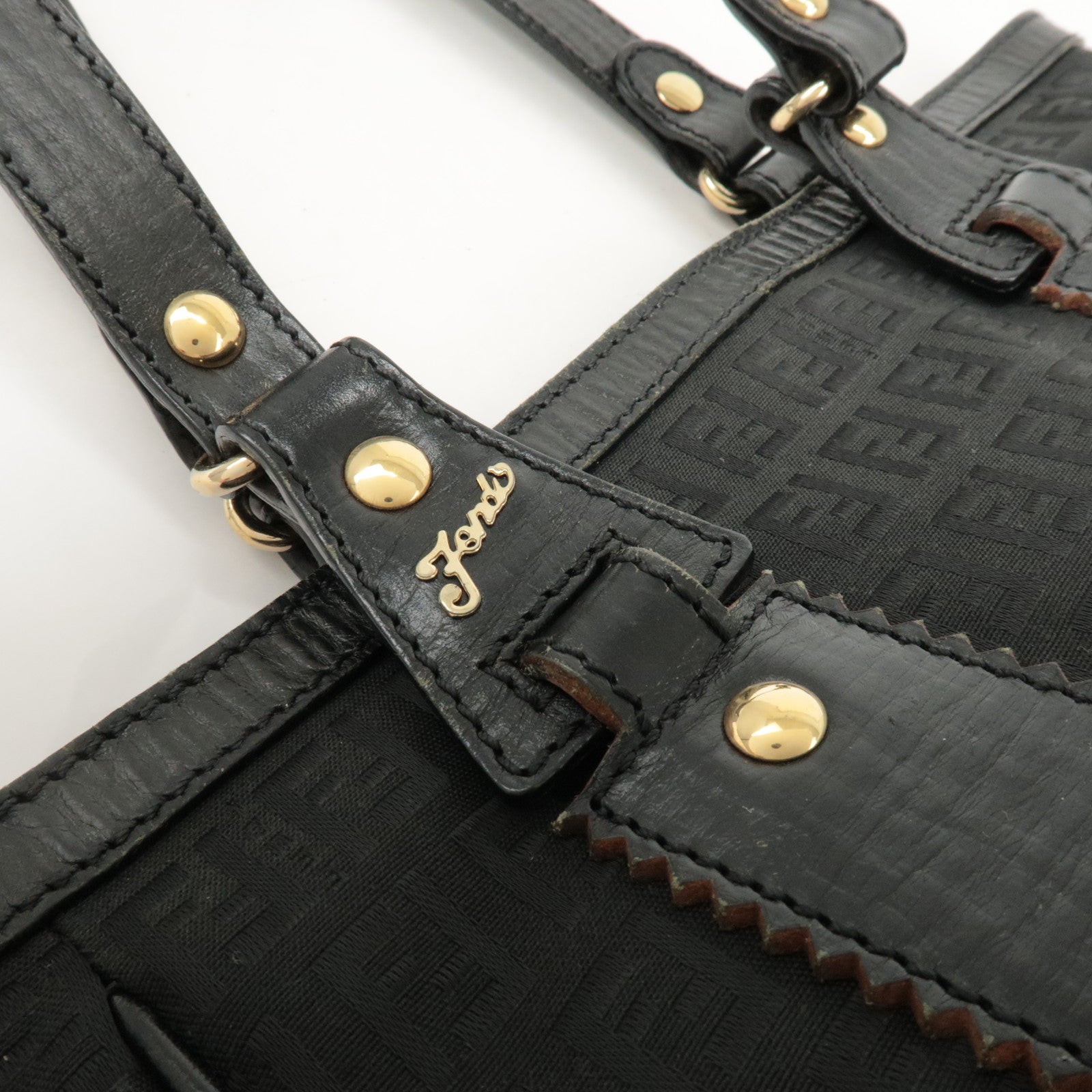 FENDI Zucchino Leather Canvas Tote Bag Hand Bag Black 8BH161 Used