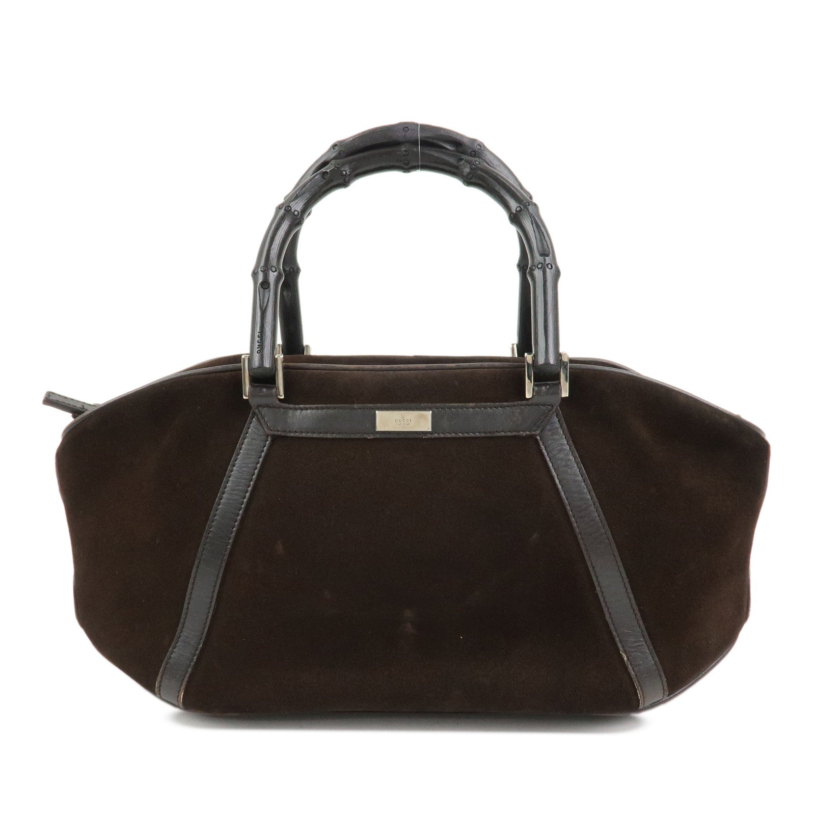 GUCCI Bamboo Suede Leather Hand Bag Dark Brown 002.1084