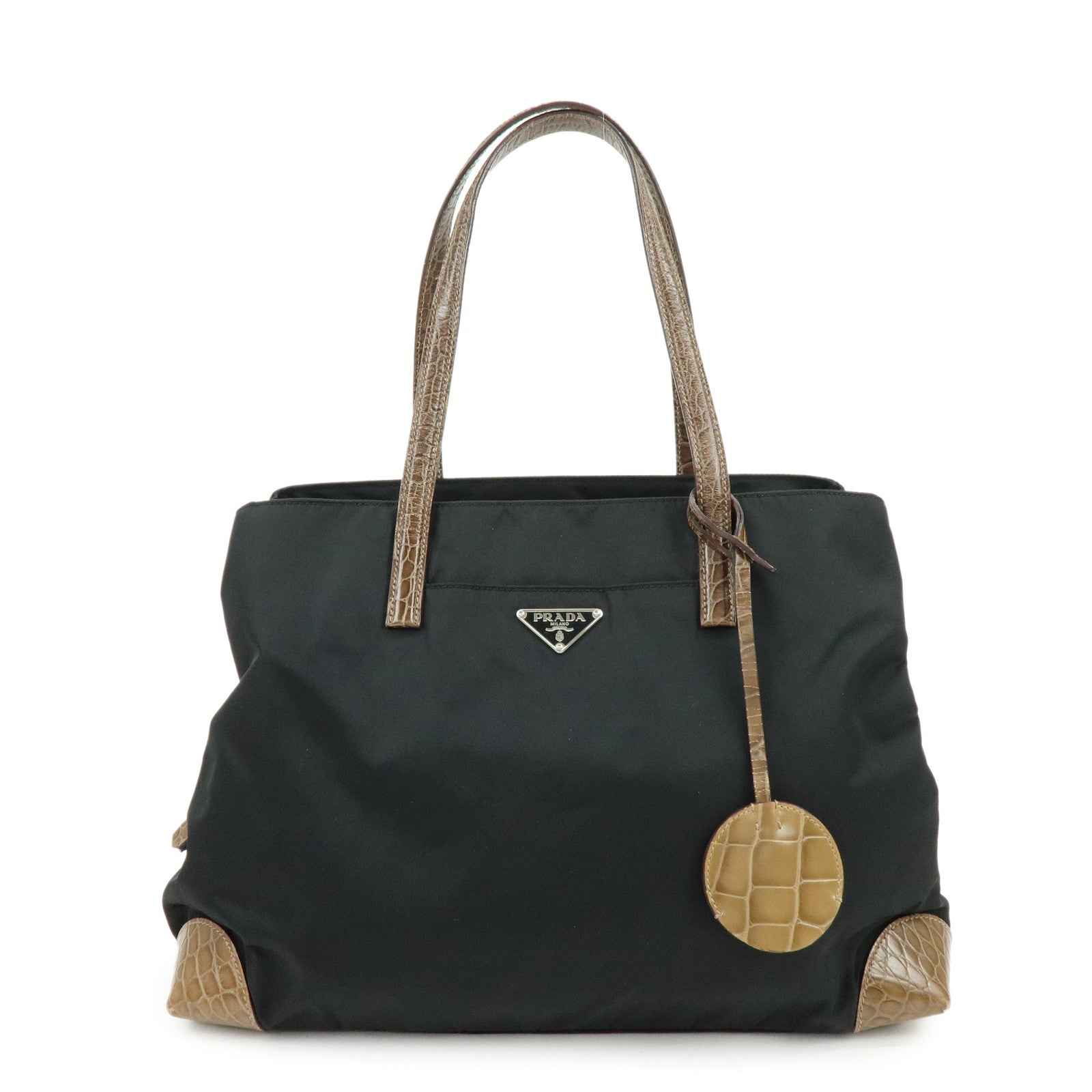 PRADA Triangle Logo Nylon Embossed Leather Tote Bag Black Brown