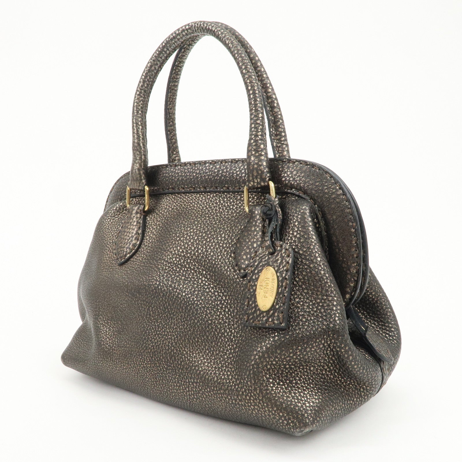 FENDI Selleria Leather Boston Bag Hand Bag Metallic Black 8BN127