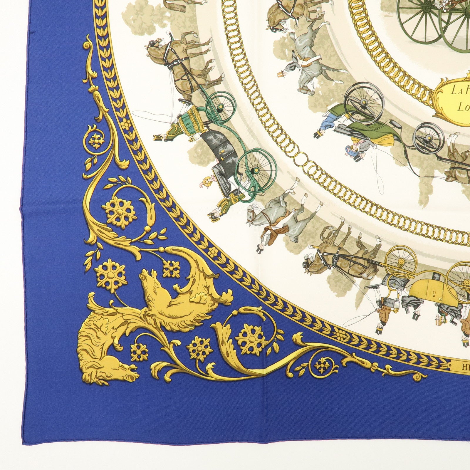 HERMES Carre 90 Silk 100% Scarf LA PROMENADE DE LONGCHAMPS Blue