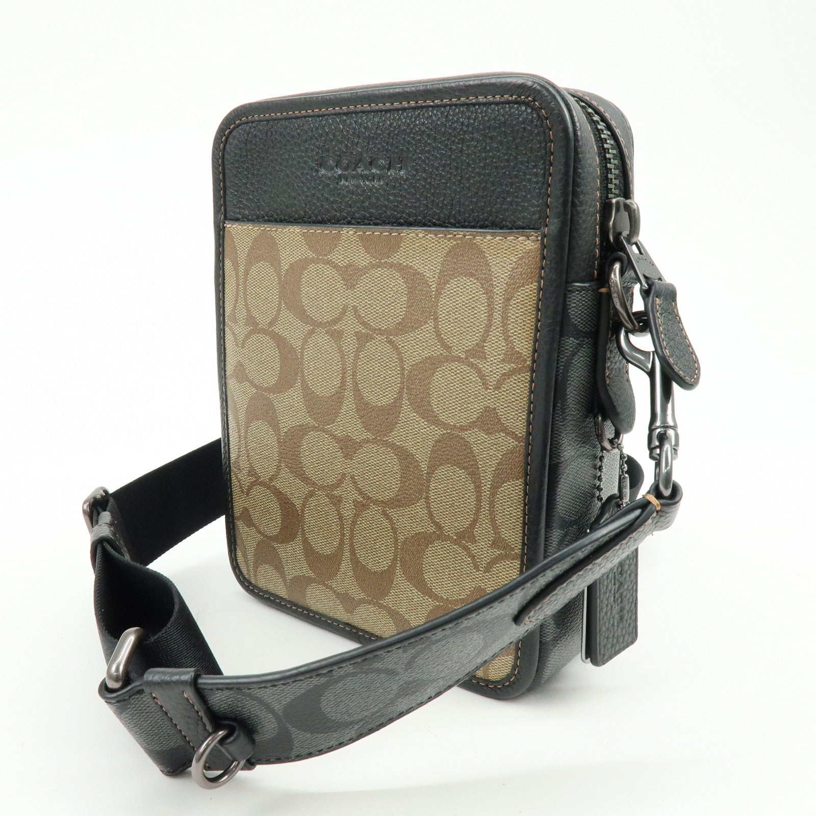COACH Signature PVC Leather Shoulder Bag Crossbody Bag Black Beige