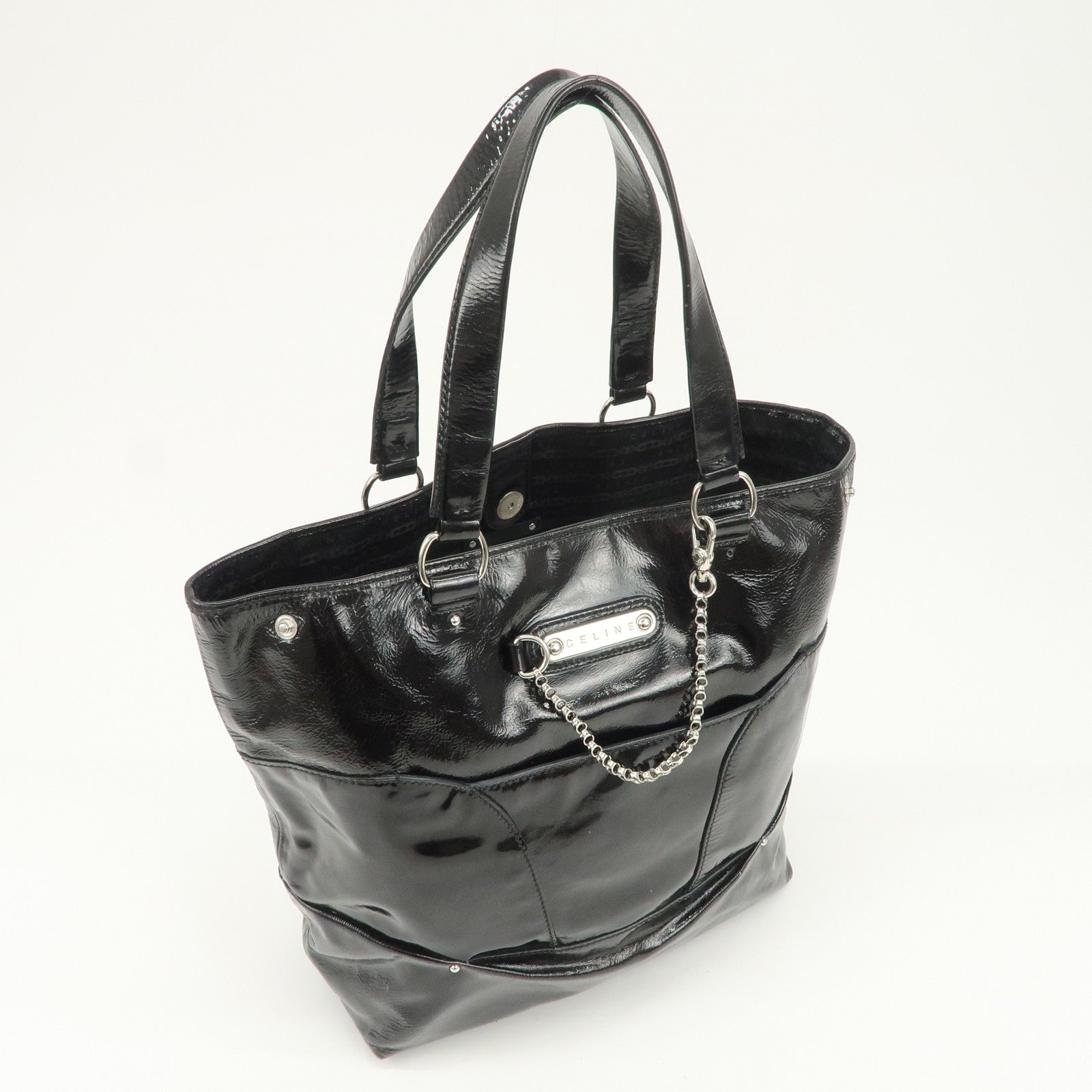 CELINE Logo Patent Leather Tote Bag Hand Bag Shoulder Bag Black