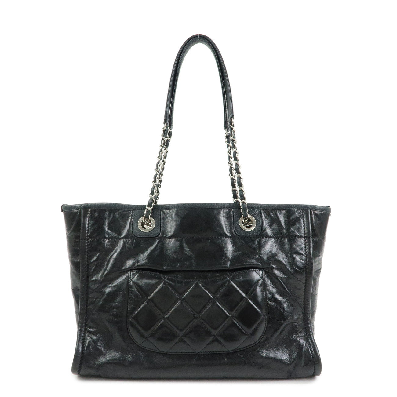 CHANEL Aged Calf Skin Caviarskin Deauville MM Tote Bag Black A93257