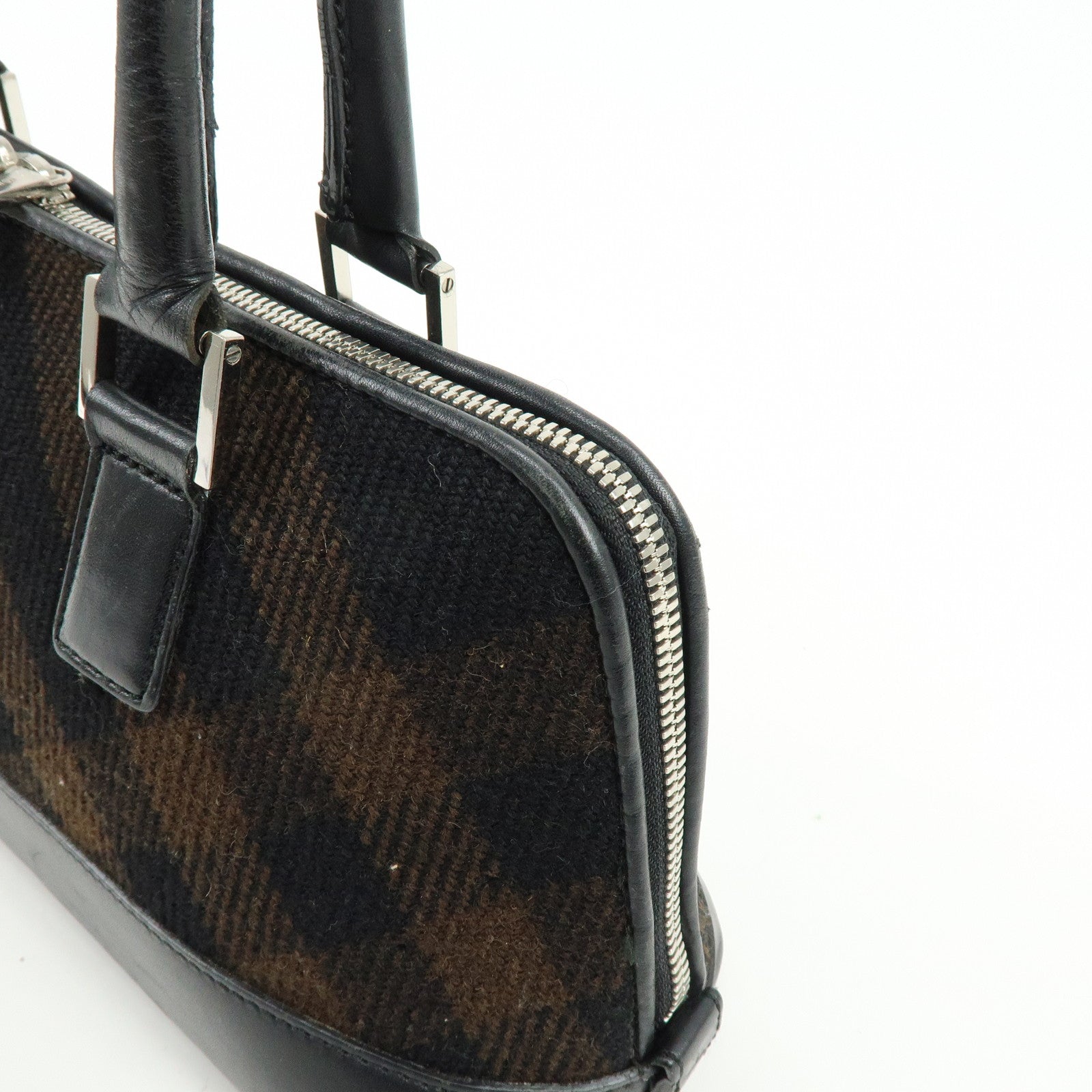 BURBERRY Plaid Canvas Leather Shoulder Bag Hand Bag Black Brown