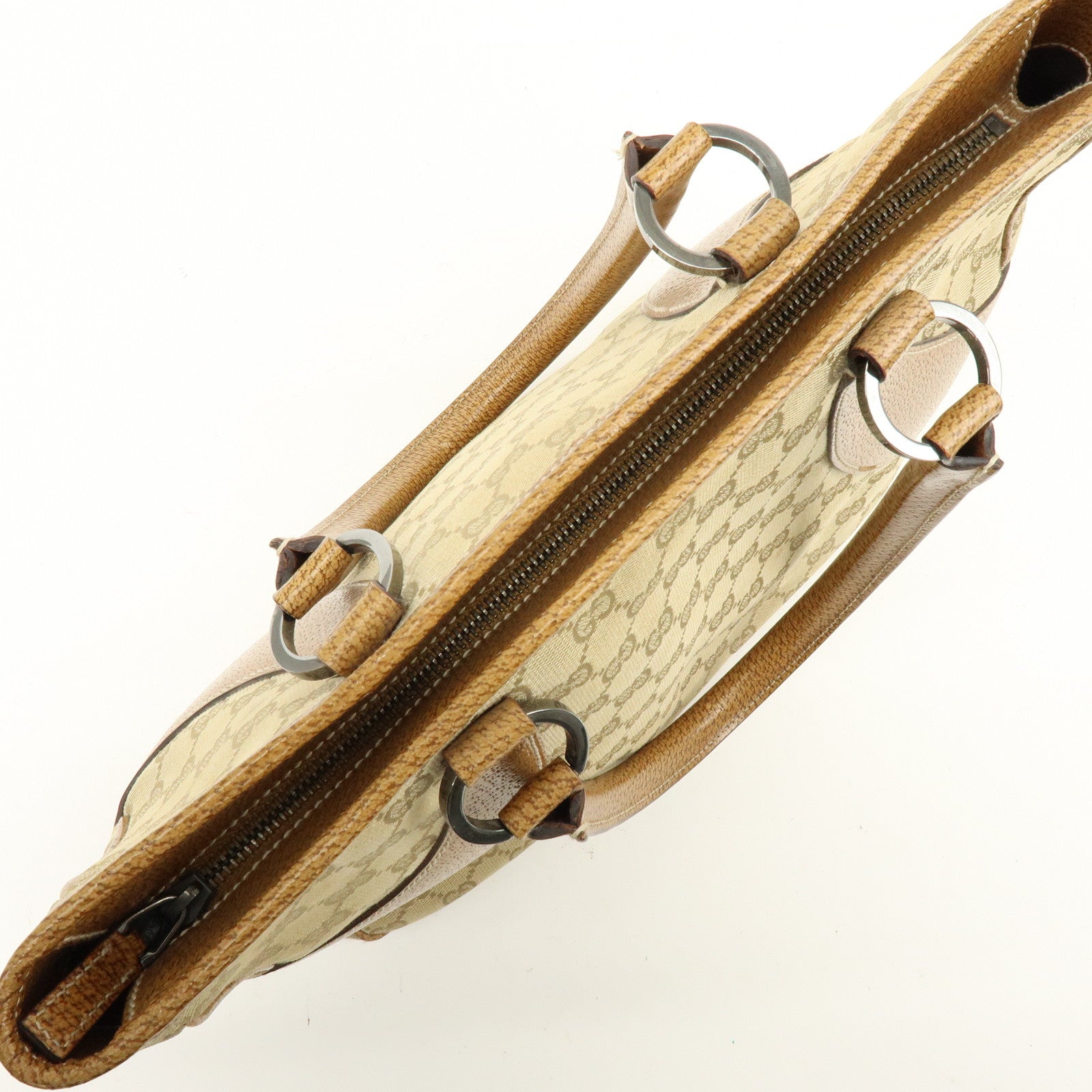 GUCCI GG Canvas Leather Tote Bag Hand Bag Beige Camel 113011