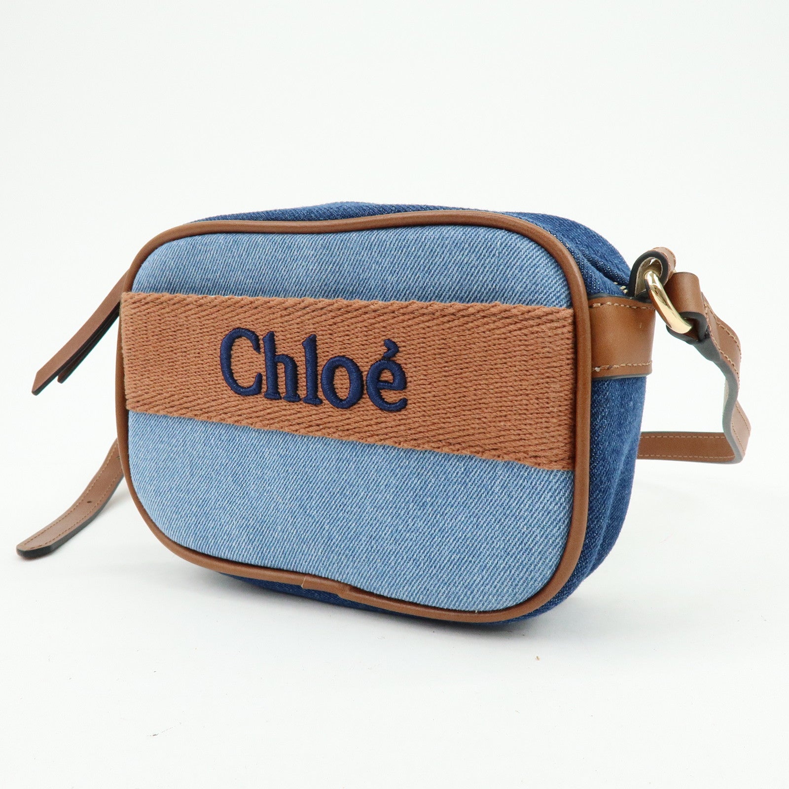 Chloe Denim Leather Canvas Shoulder Bag Crossbody Bag Brown Blue