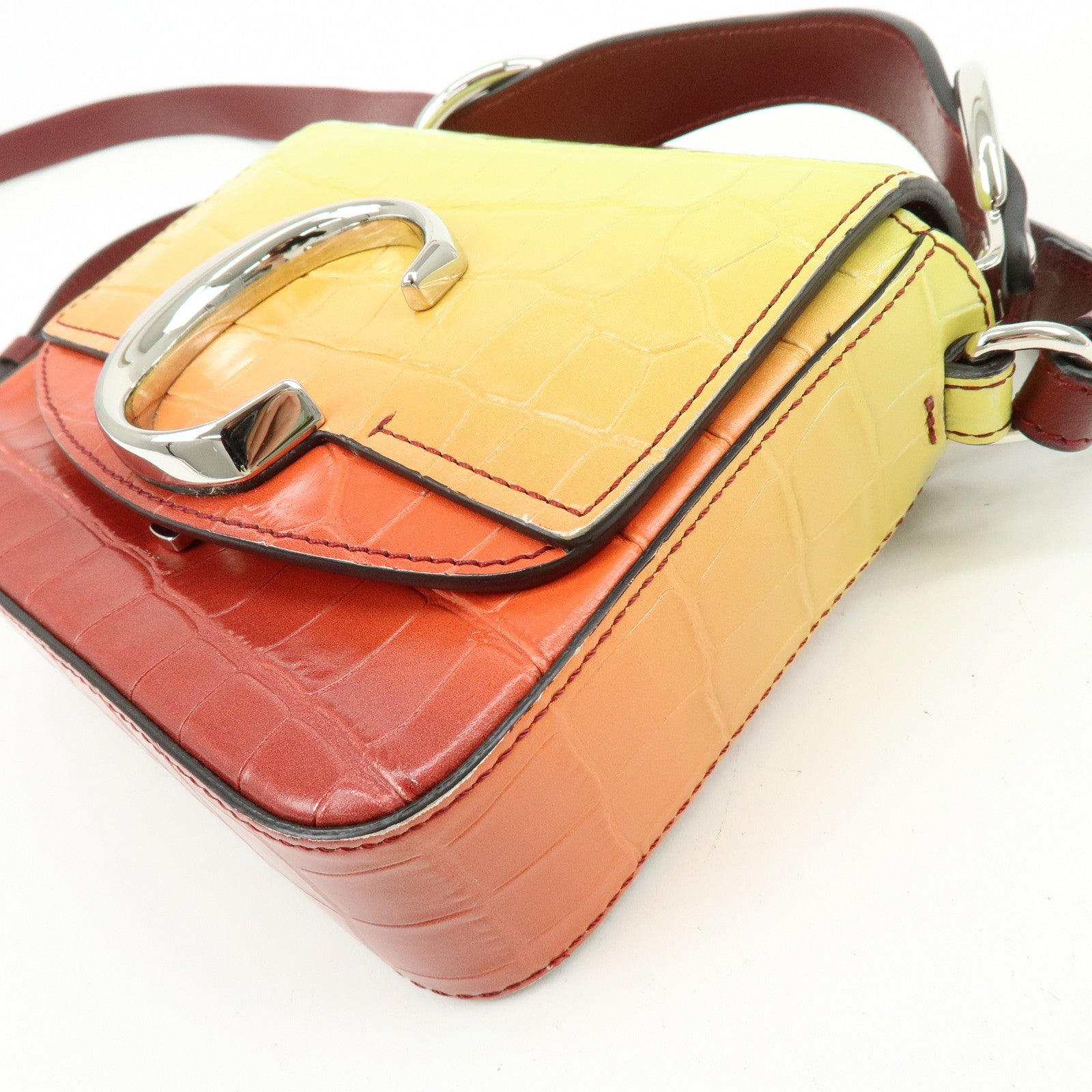 Chloe C Engrabed Leather 2Way Bag Shoulder Bag Bordeaux Yellow