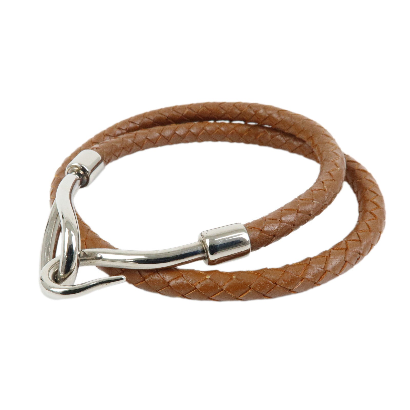 HERMES Jumbo Choker Leather Metal Bracelet Brown Silver