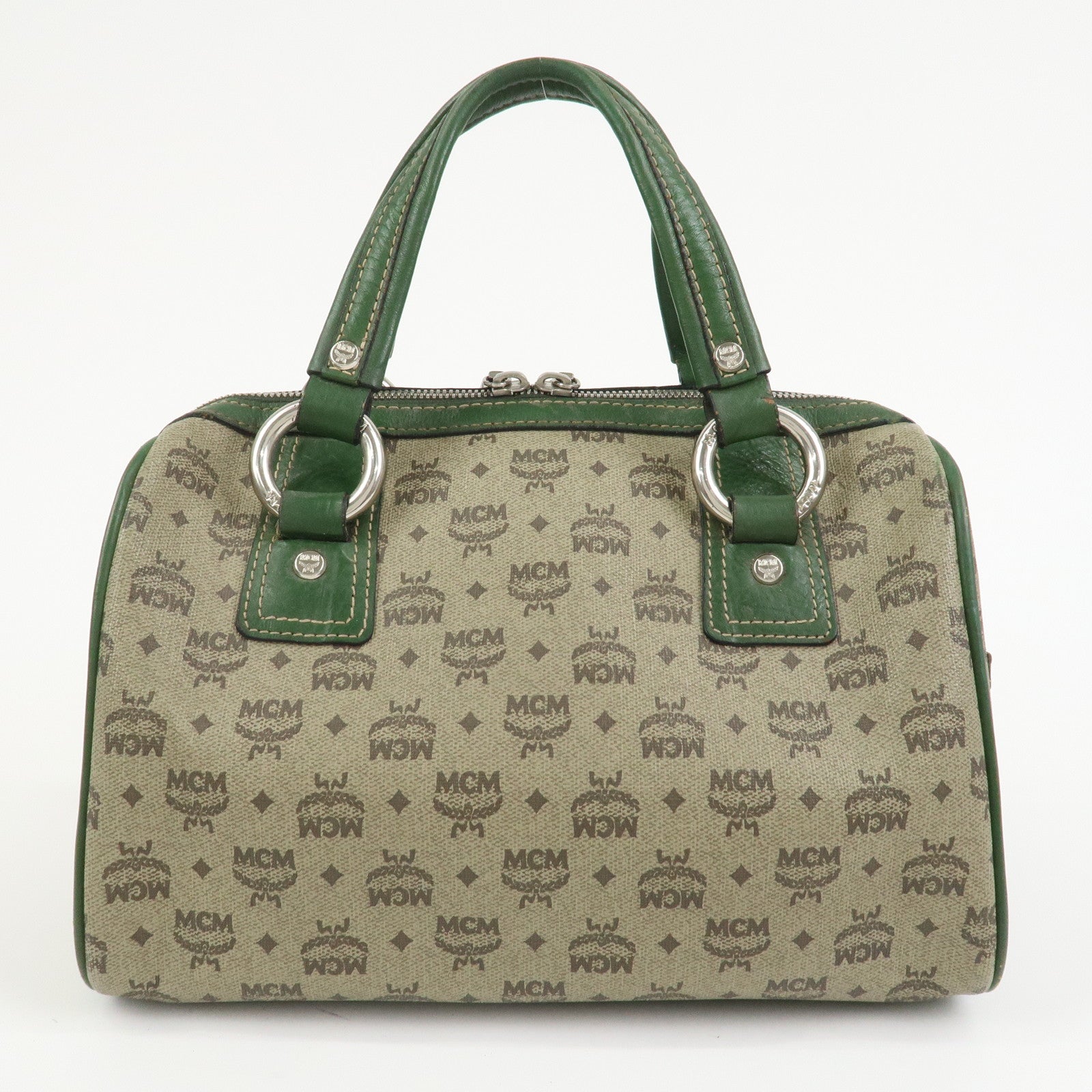 MCM Visetos PVC Coating Canvas Leather Boston Bag Beige Green
