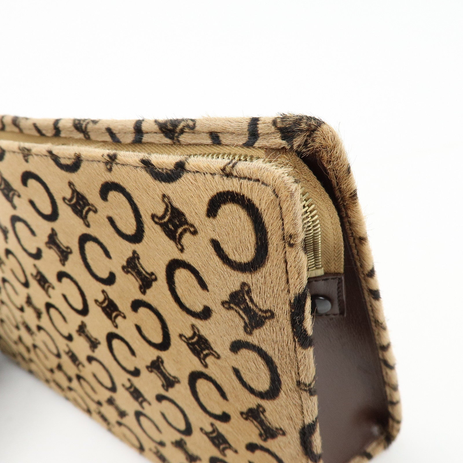CELINE C Macadam Pony Hair Leather Clutch Bag Pouch Beige Brown