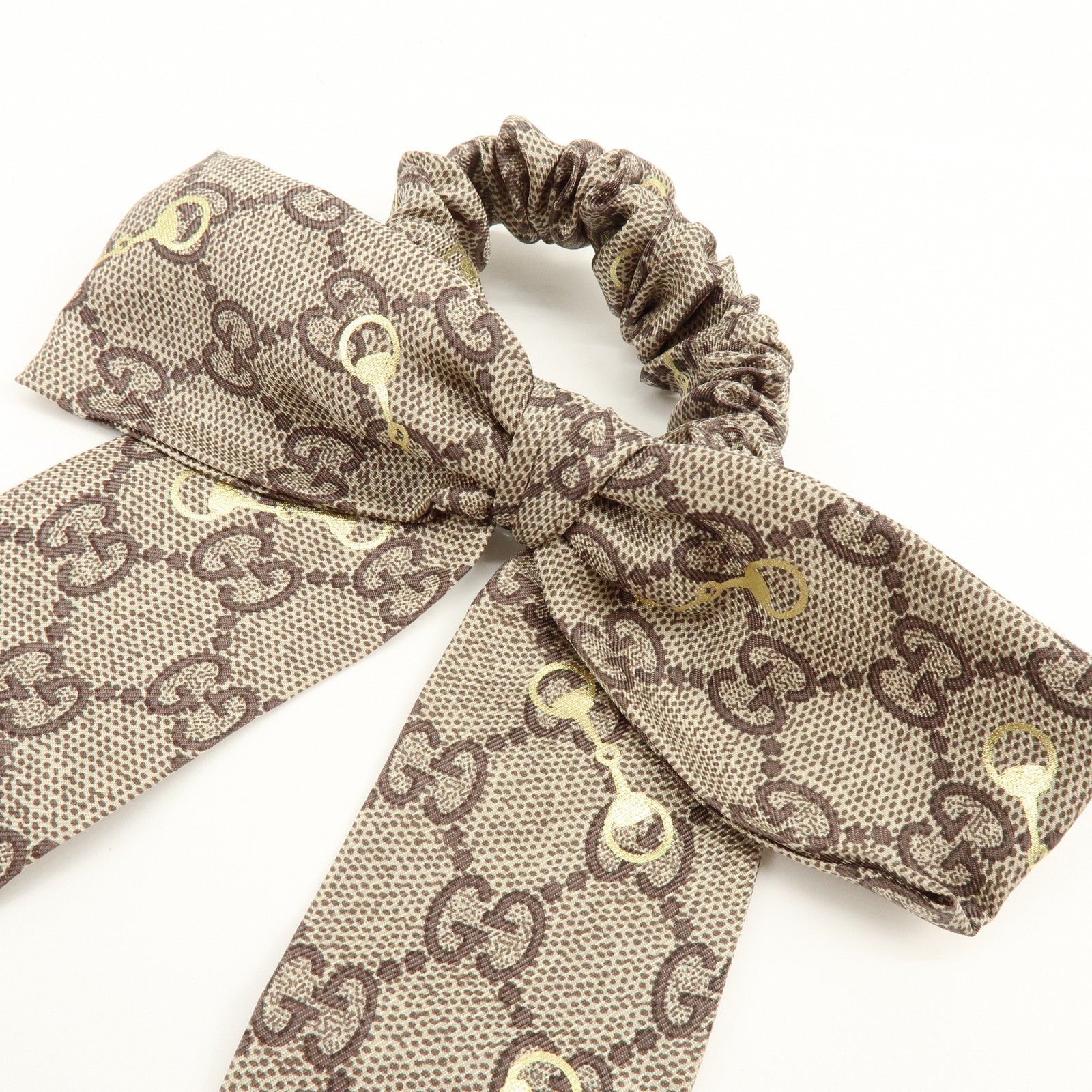 GUCCI Horsebit Silk 100% Scrunchie Hair Accessory Gray Beige Brown