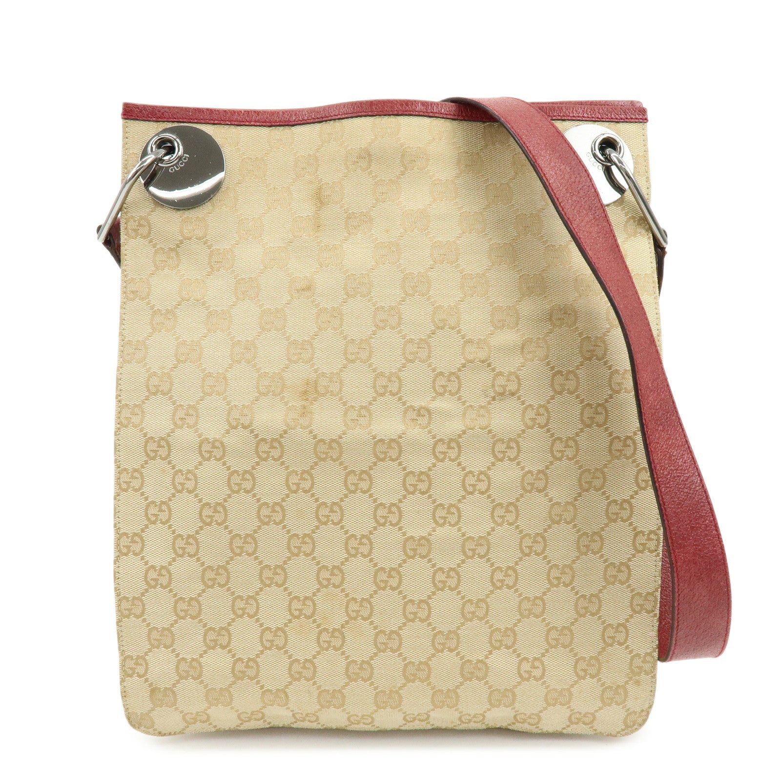 GUCCI GG Canvas Leather Shoulder Bag Crossbody Bag Beige Burgundy