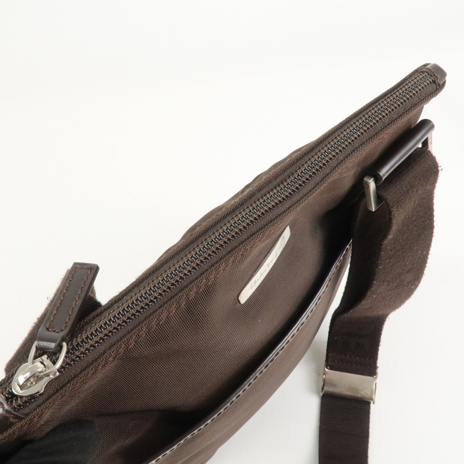 Ferragamo Nylon Leather Shoulder Bag Crossbody Bag Brown Silvern