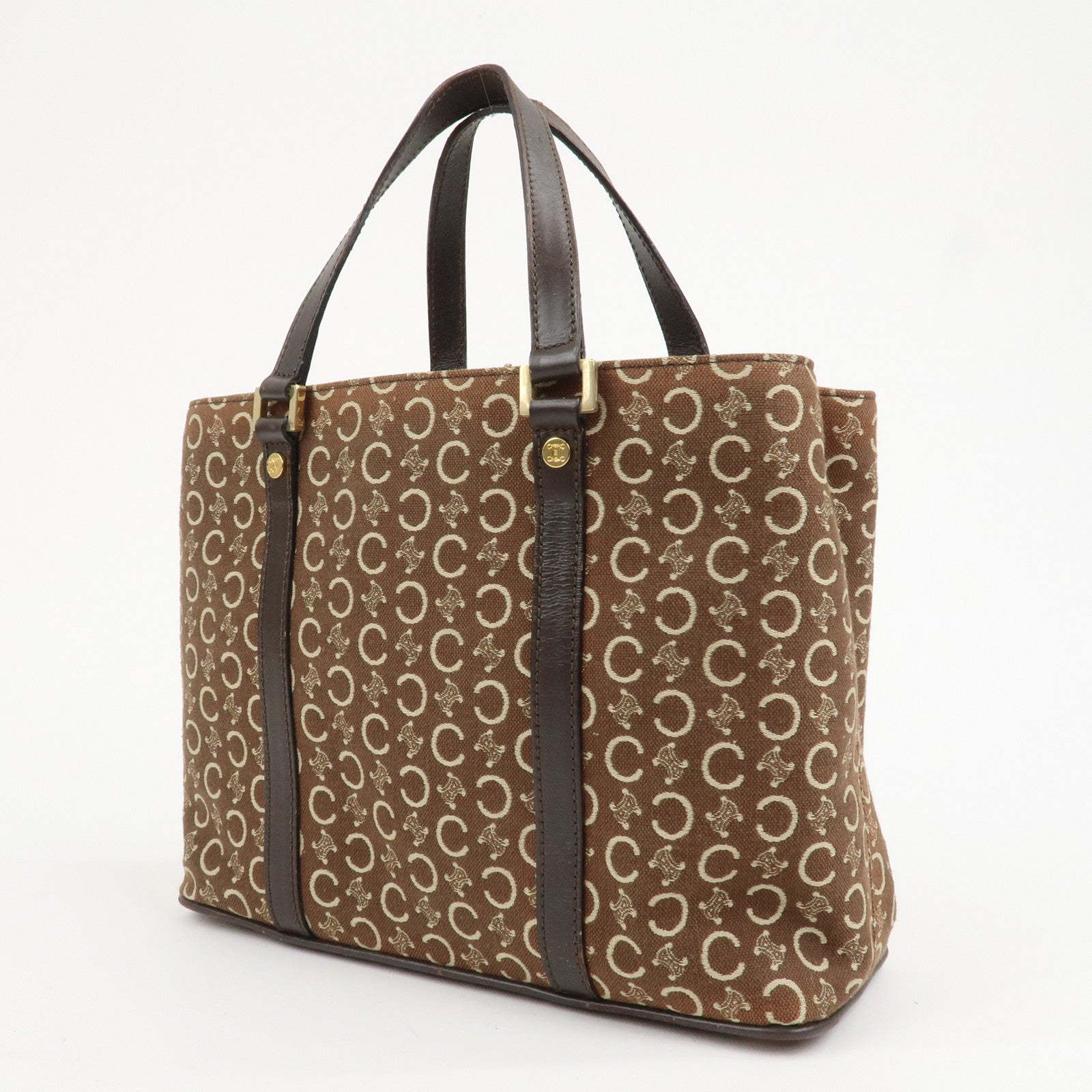 CELINE C Macadam Canvas Leather Hand Bag Brown Beige