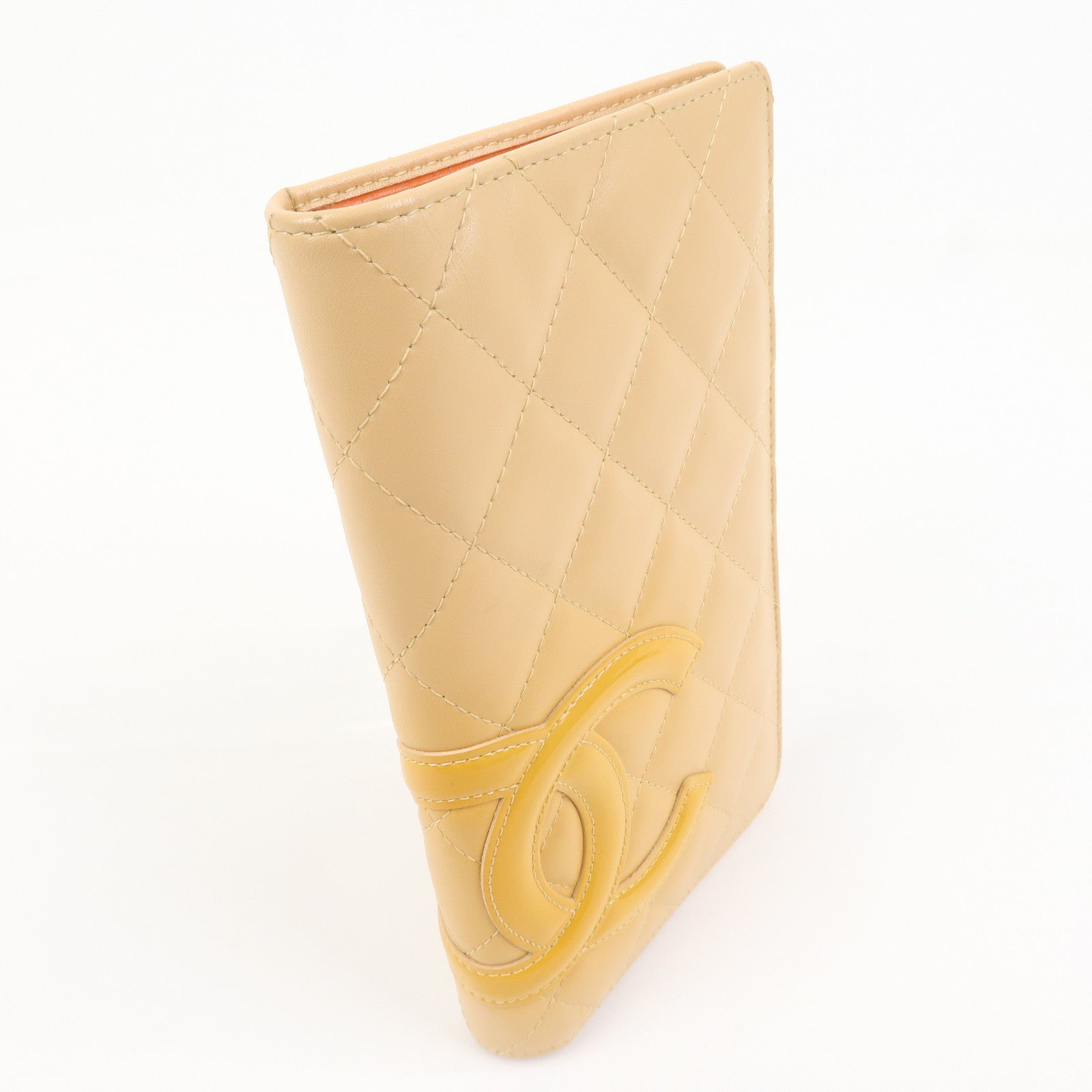 CHANEL Cambon Lamb Skin Leather Bi-fold Wallet Beige A26717
