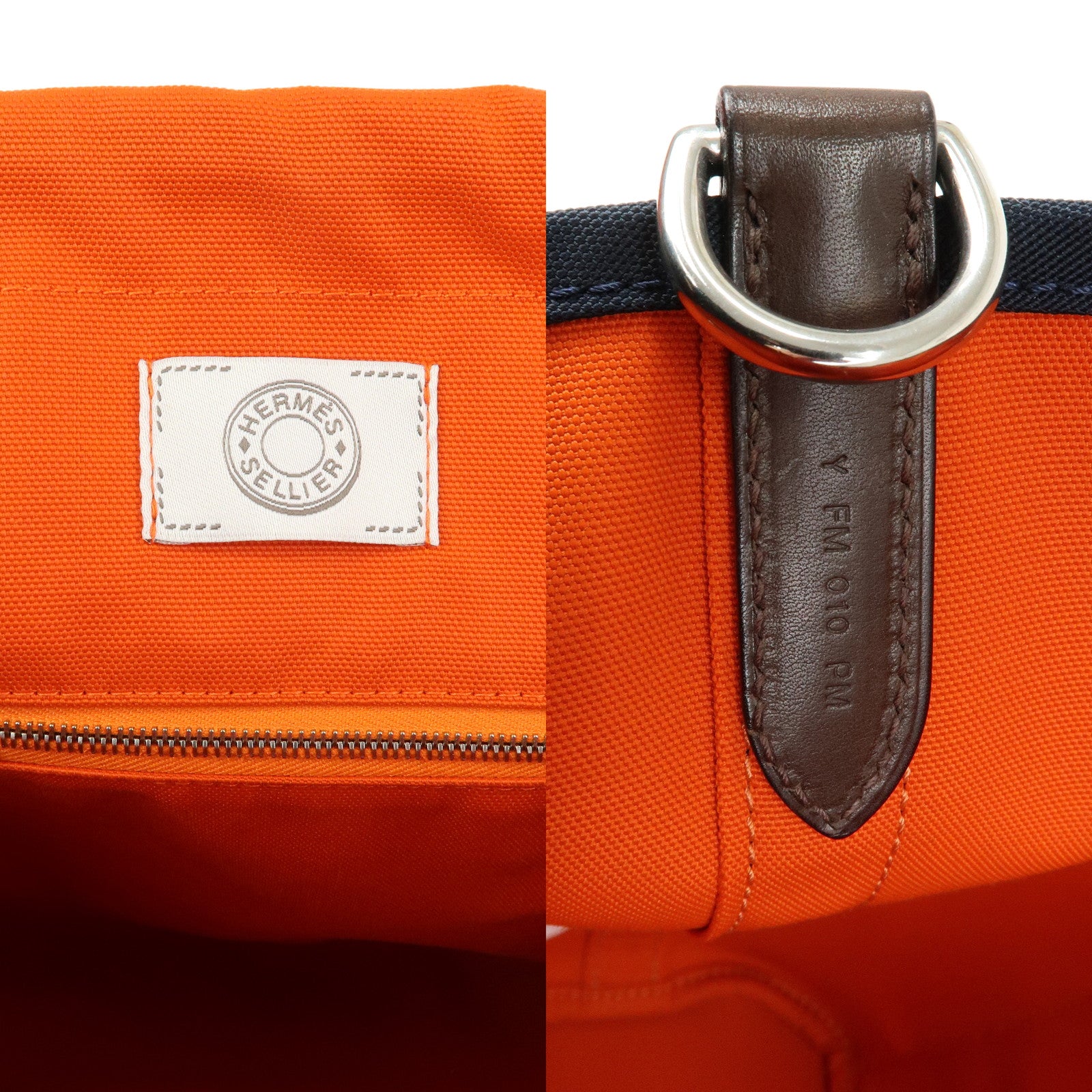 HERMES Sac de Pansage Groom Canvas 2Way Tote Hand Bag Navy Brown