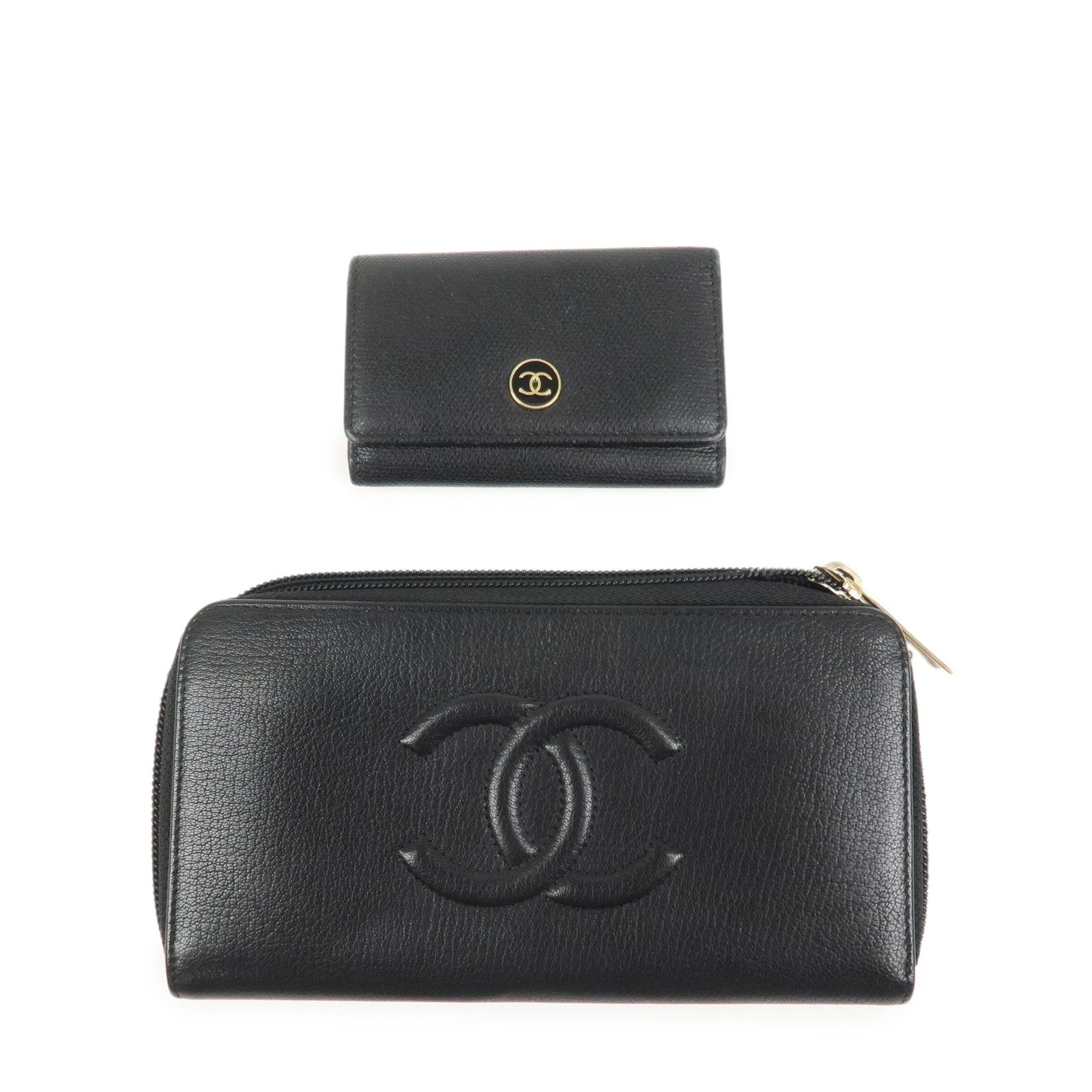 CHANEL Set Of 2 Leather Bi-Fold Long Wallet Key Case Black Gold