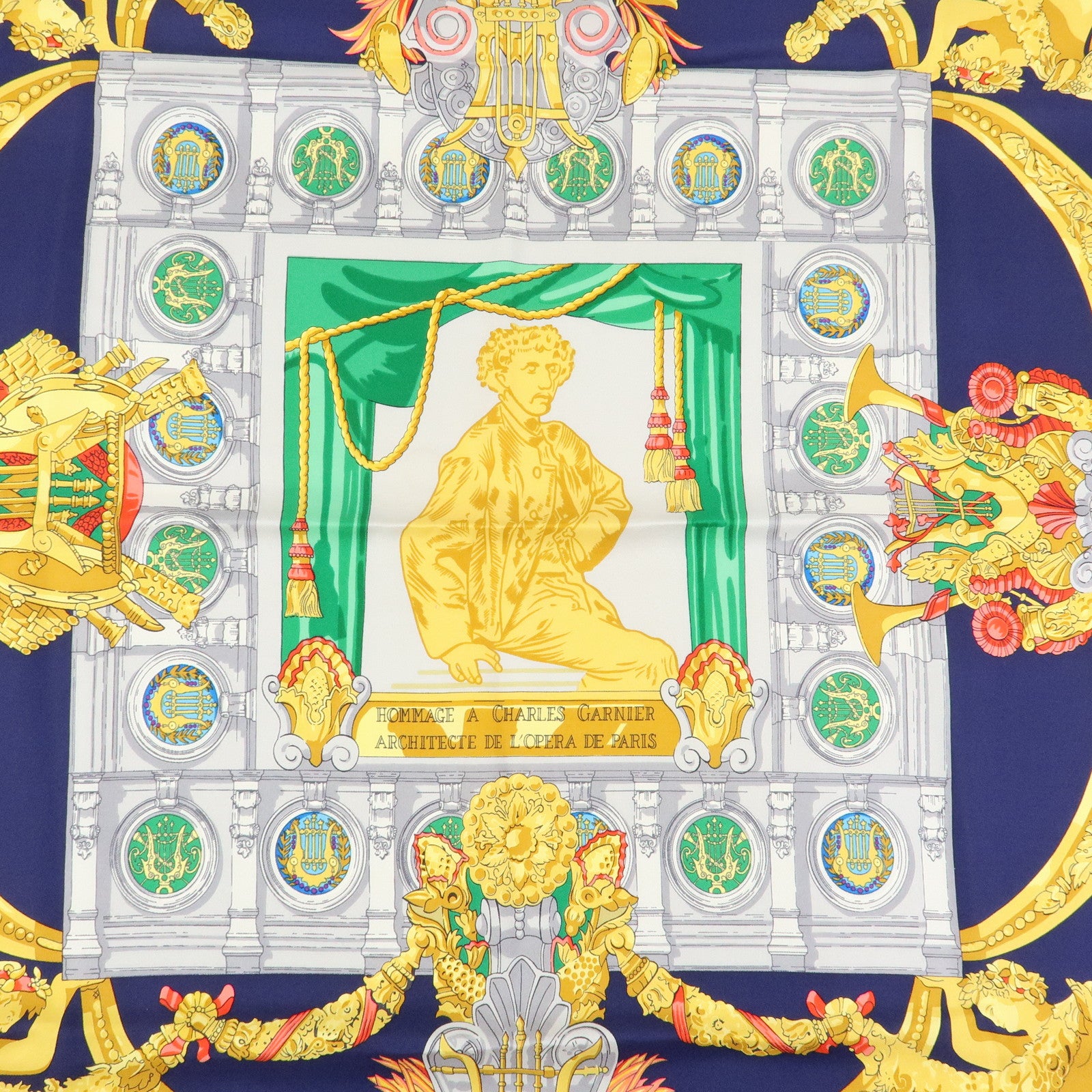 HERMES Carre 90 Silk 100% Scarf HOMMAGE A CHARLES GARNIER Navy