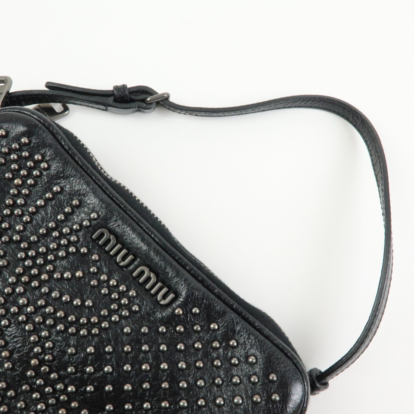 MIU MIU Logo Leather Mini Hand Bag Pouch Studs Black