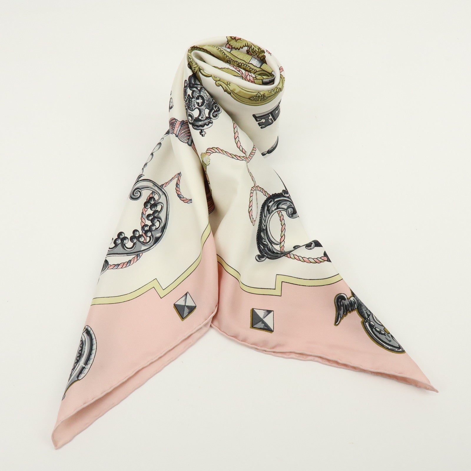 HERMES Carre 90 Silk 100% Scarf LES CLES THE KEYS RARE Ivory Pink