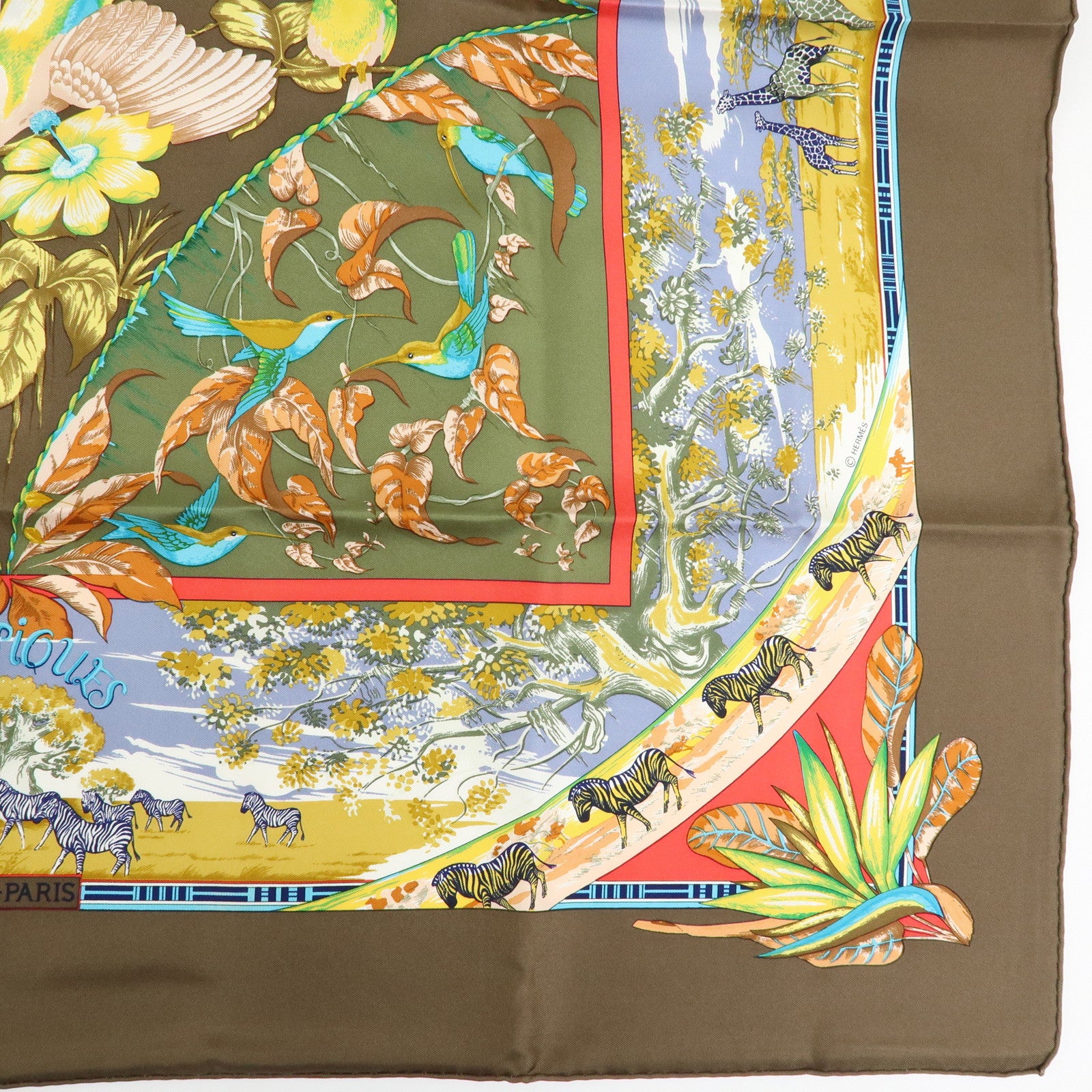 HERMES Carre 90 Silk 100% Scarf TROPIOUES Brown