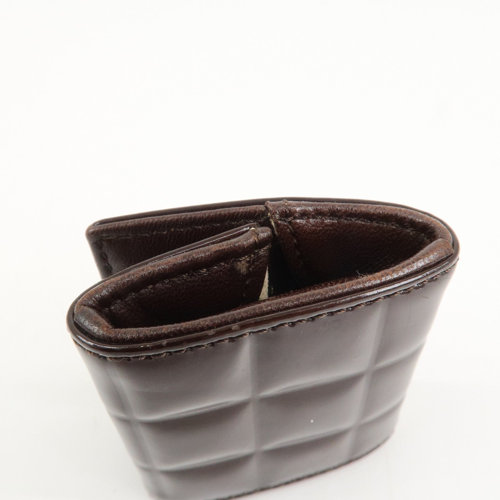 CHANEL Chocolate Bar Patent Leather Coin Case Coin Purse Brown