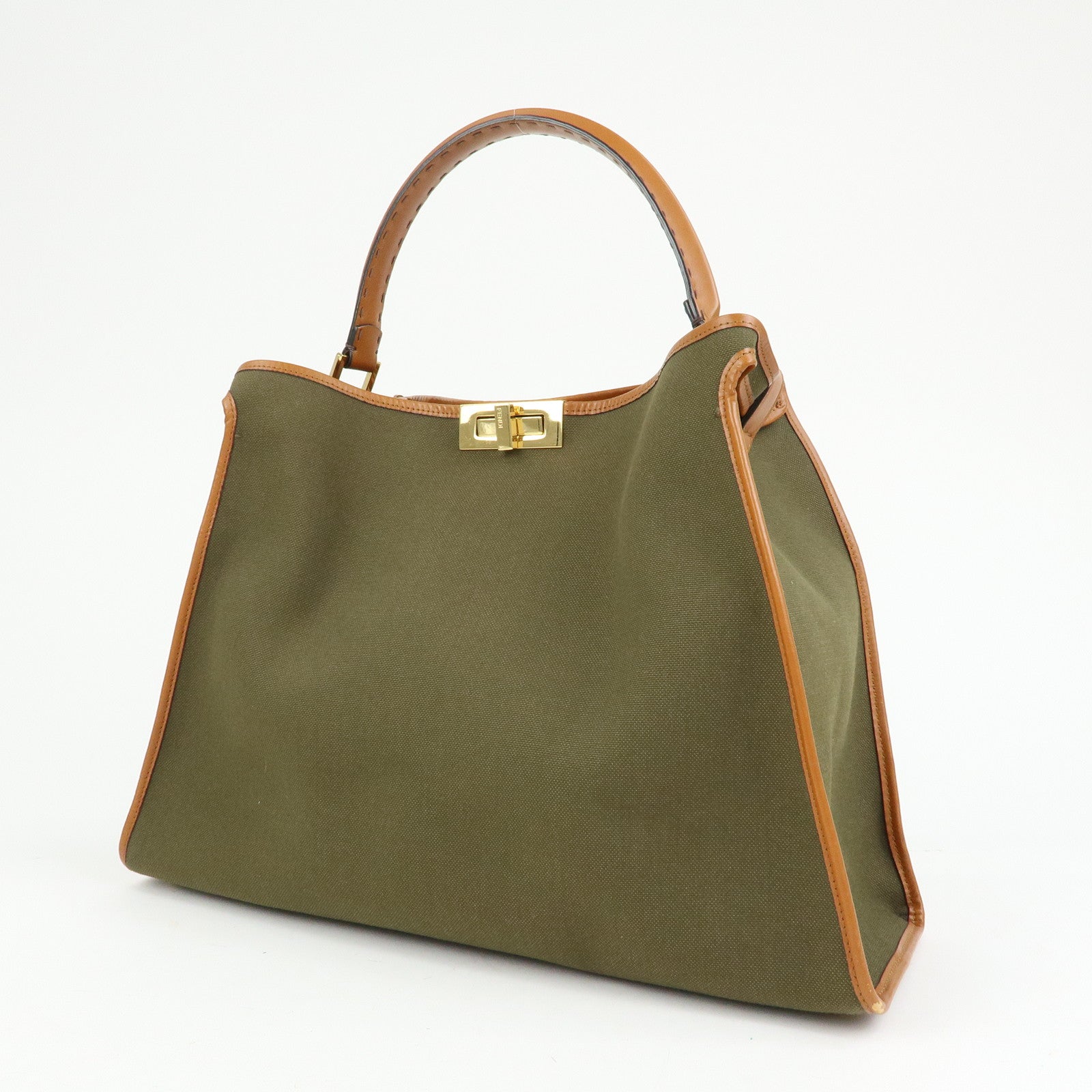 FENDI Peekaoo Canvas Leather Hand Bag Khaki Brown 8BN304