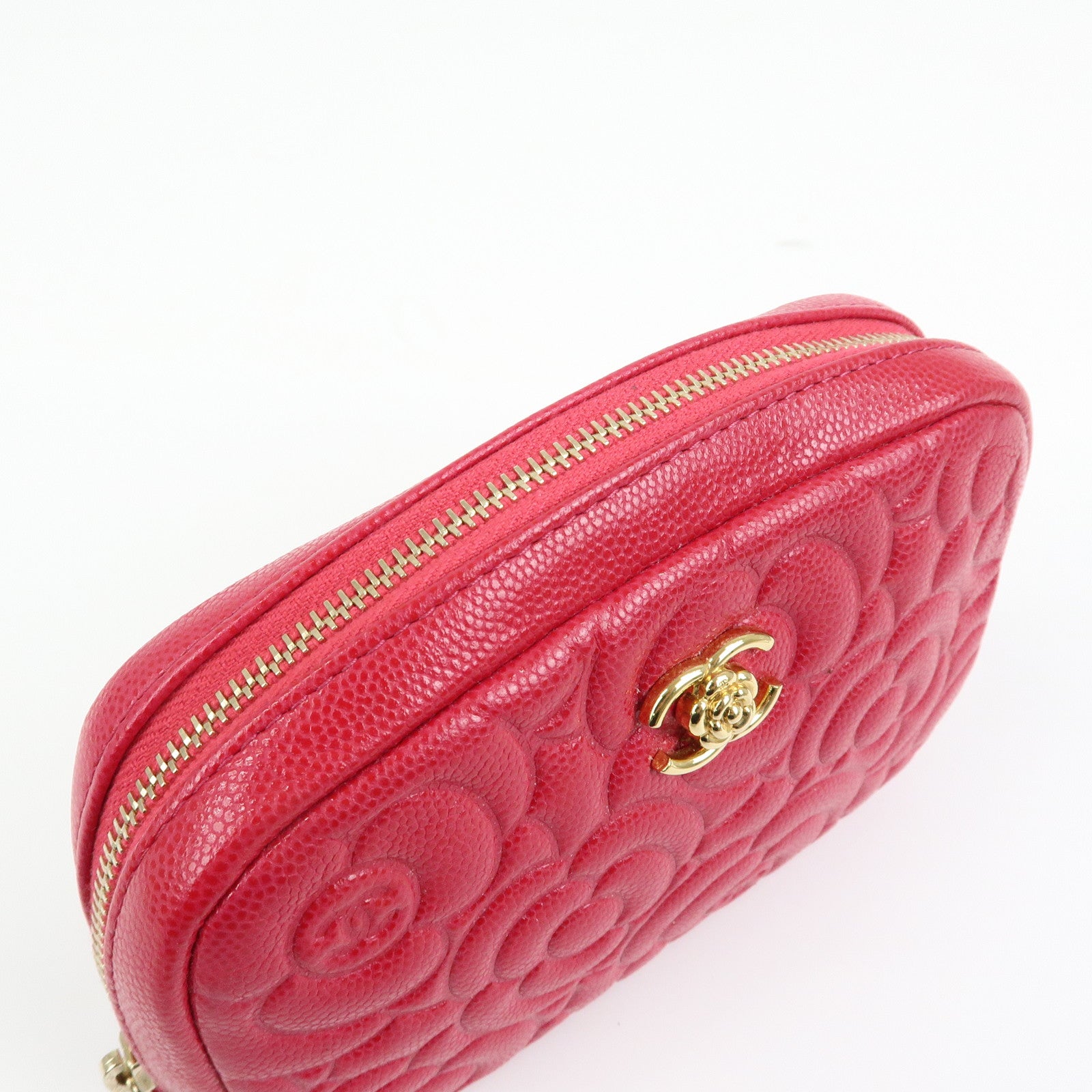 CHANEL Camellia COCO Mark Caviarskin Cosmetic Accessory Pouch Pink