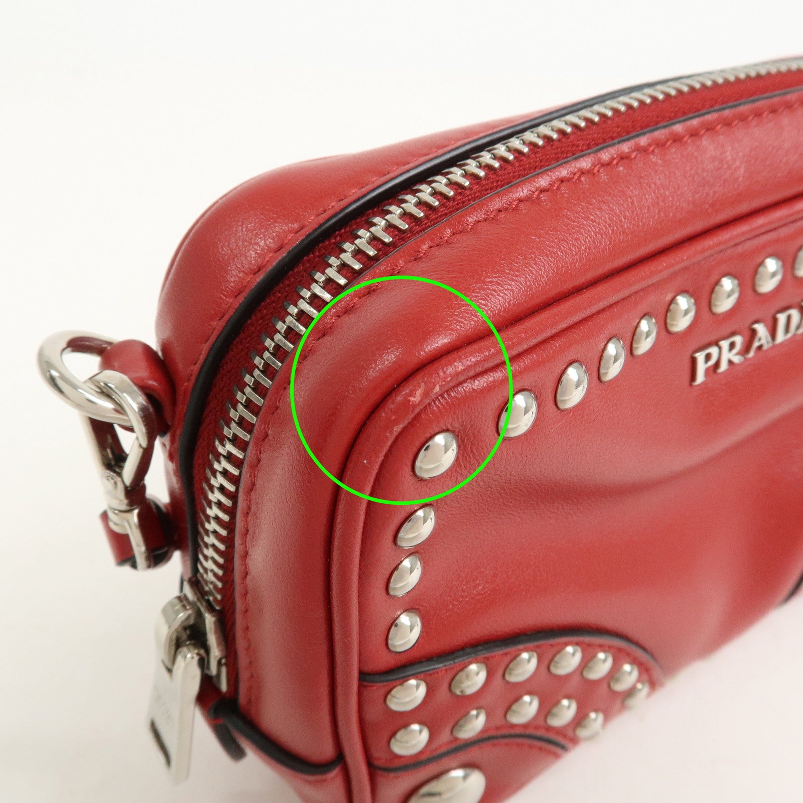 PRADA Logo Leather Mini Shoulder Bag Camera Bag Studs Red 1N1674