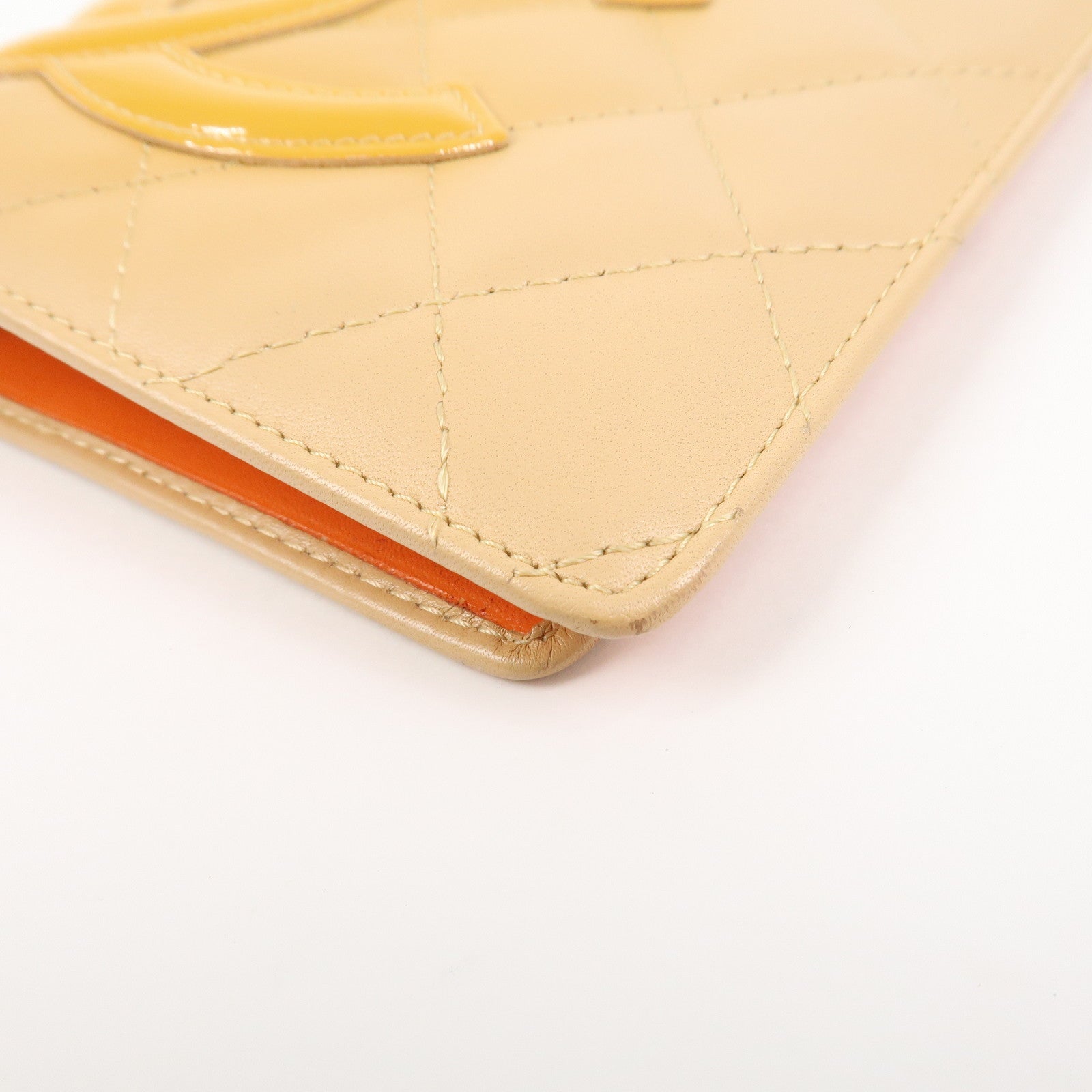CHANEL Cambon Lamb Skin Leather Bi-fold Wallet Beige A26717