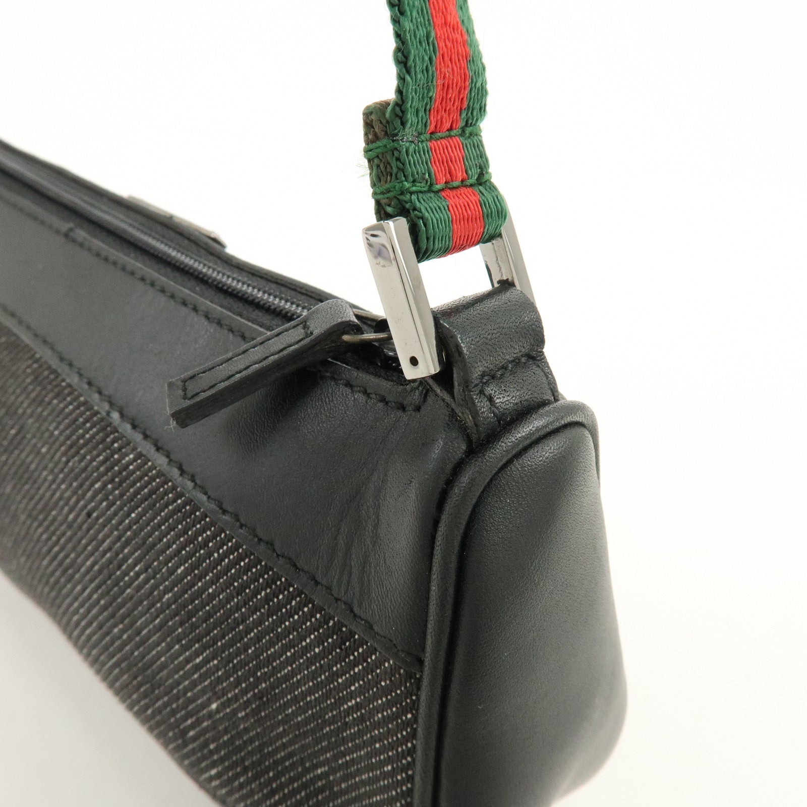 GUCCI Sherry Denim Leather Accessory Pouch Hand Bag Black 92820