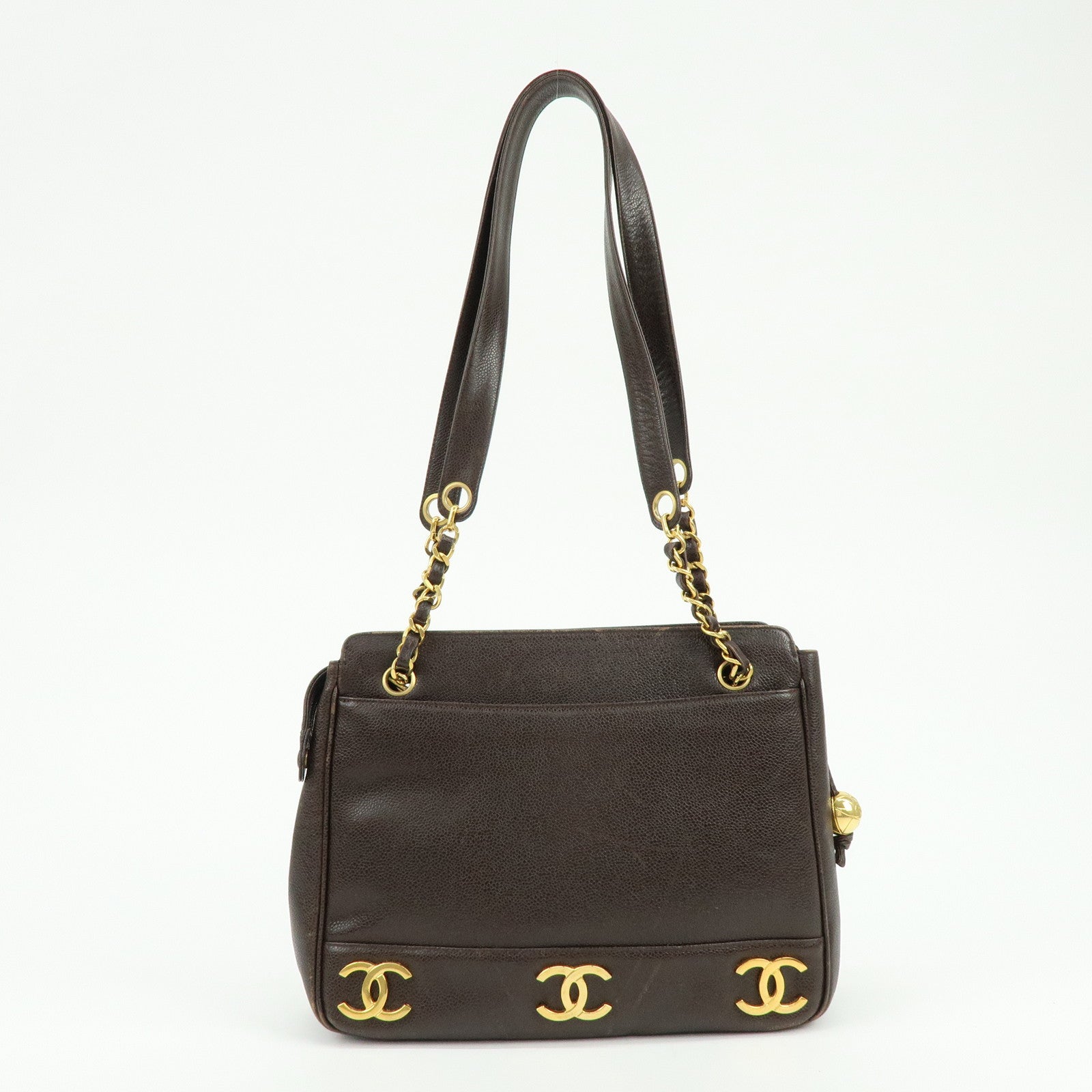 CHANEL Triple COCO Mark Caviarskin Chain Shoulder Bag Brown