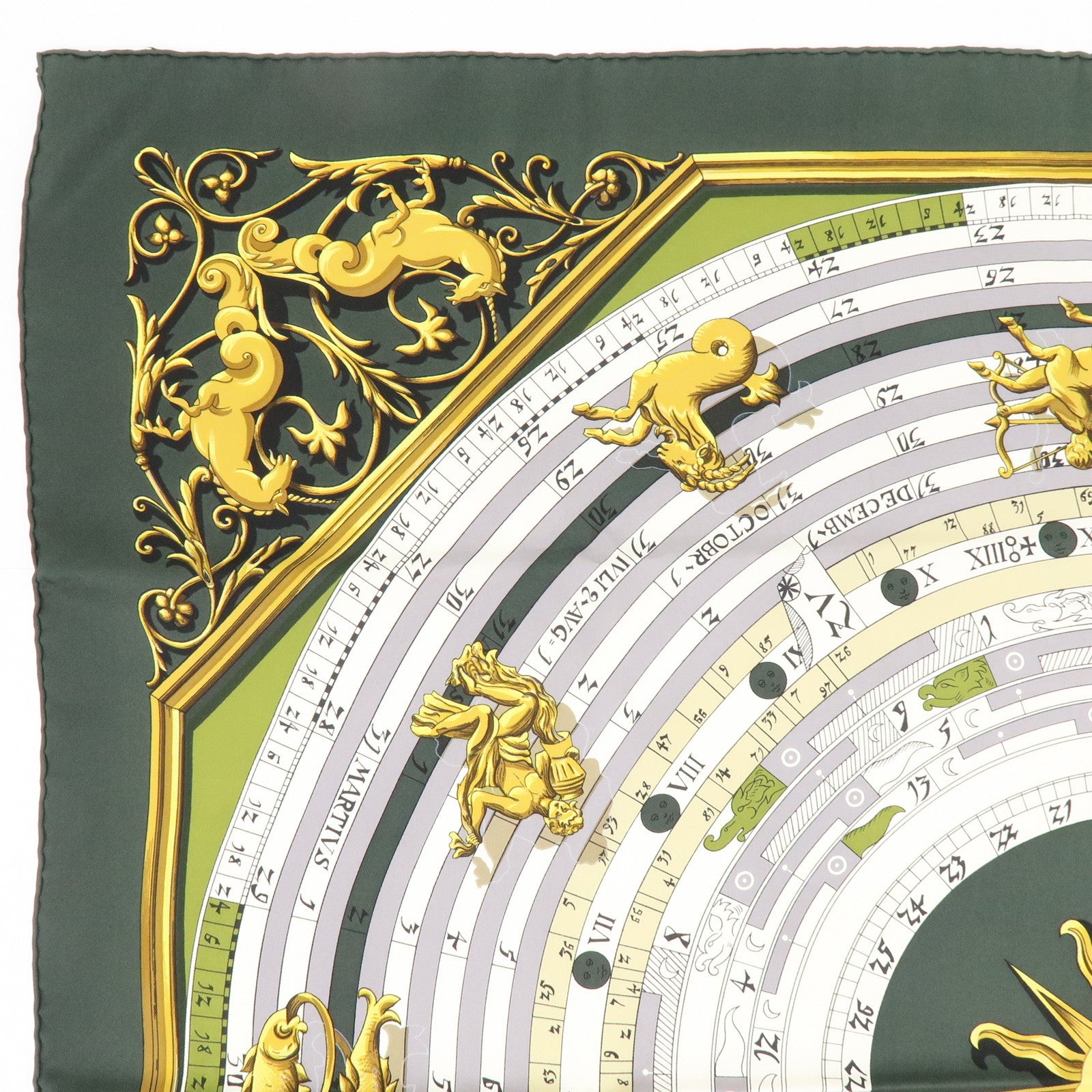 HERMES Carre 90 Silk 100% Scarf DIES ET HORE Green White Gold