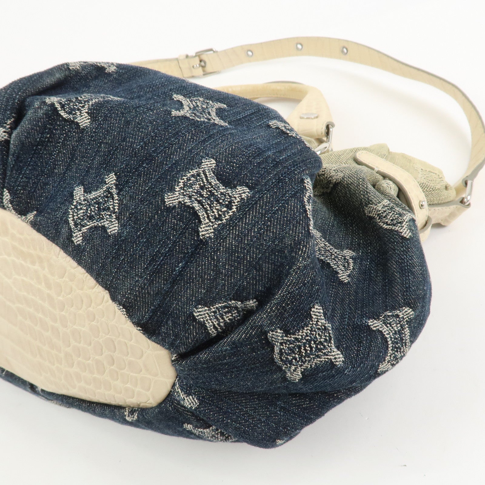 CELINE Macadam Denim Embossed Leather 2WAY Bag Hand Bag Blue Ivory