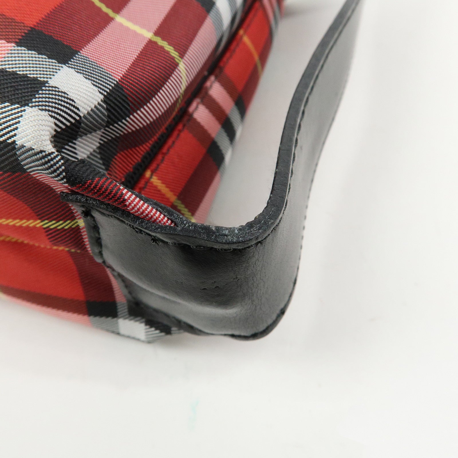 BURBERRY Canvas Plaid Leather Mini Hand Bag Red