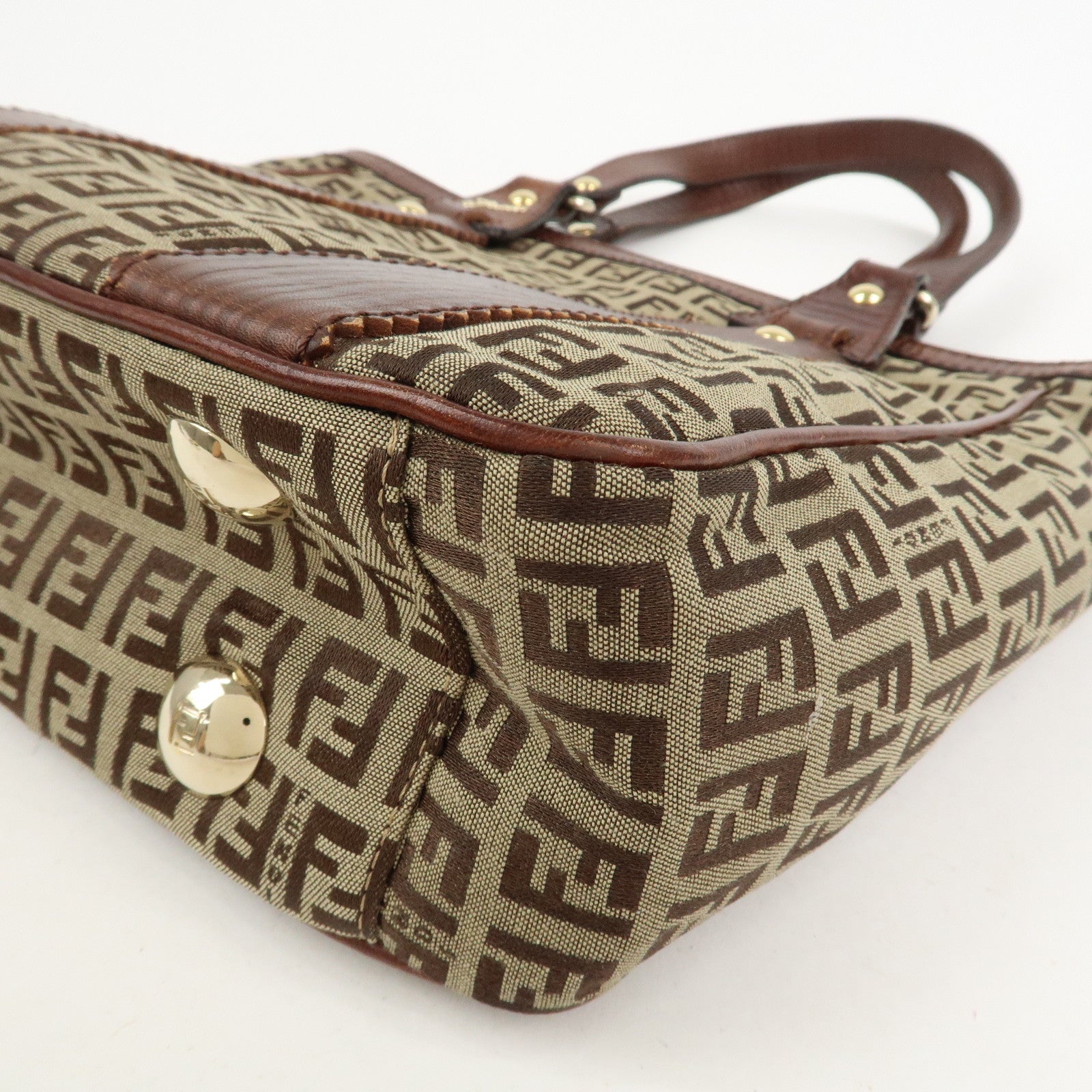 FENDI Zucchino Canvas Leather Tote Bag Shoulder Bag Brown 8BH161