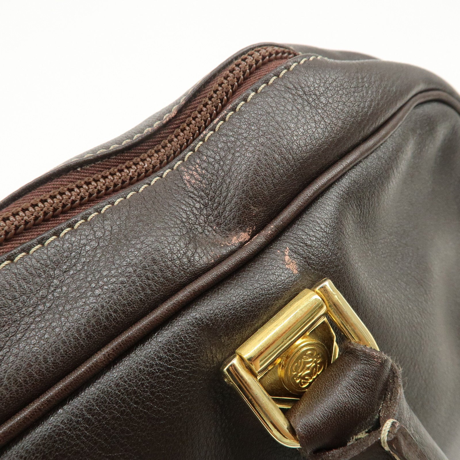 LOEWE Anagram Leather Boston Bag Hand Bag Dark Brown