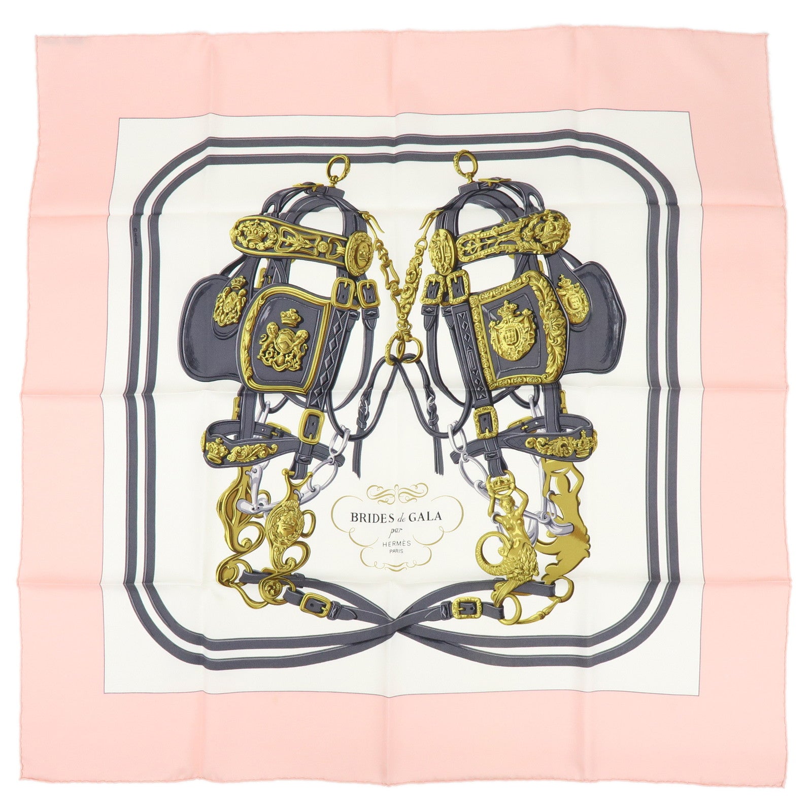 HERMES Carre 90 Silk 100% Scarf BRIDES DE GALA Light Pink Gray Gold