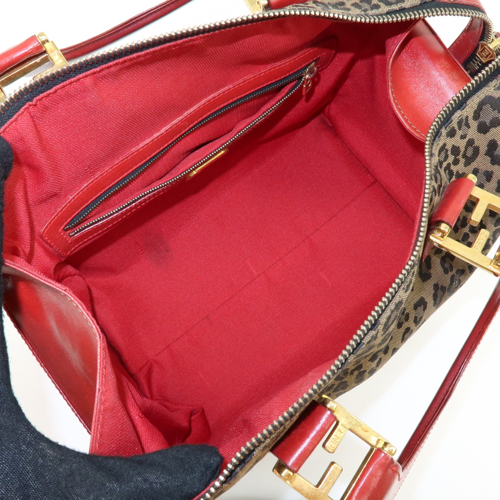 FENDI Canvas Leather Hand Bag Boston Bag Leopard Brown Red