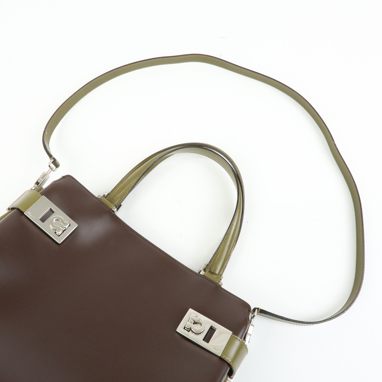 Ferragamo Gancini Leather 2Way Hand Bag Shoulder Bag Brown Khaki
