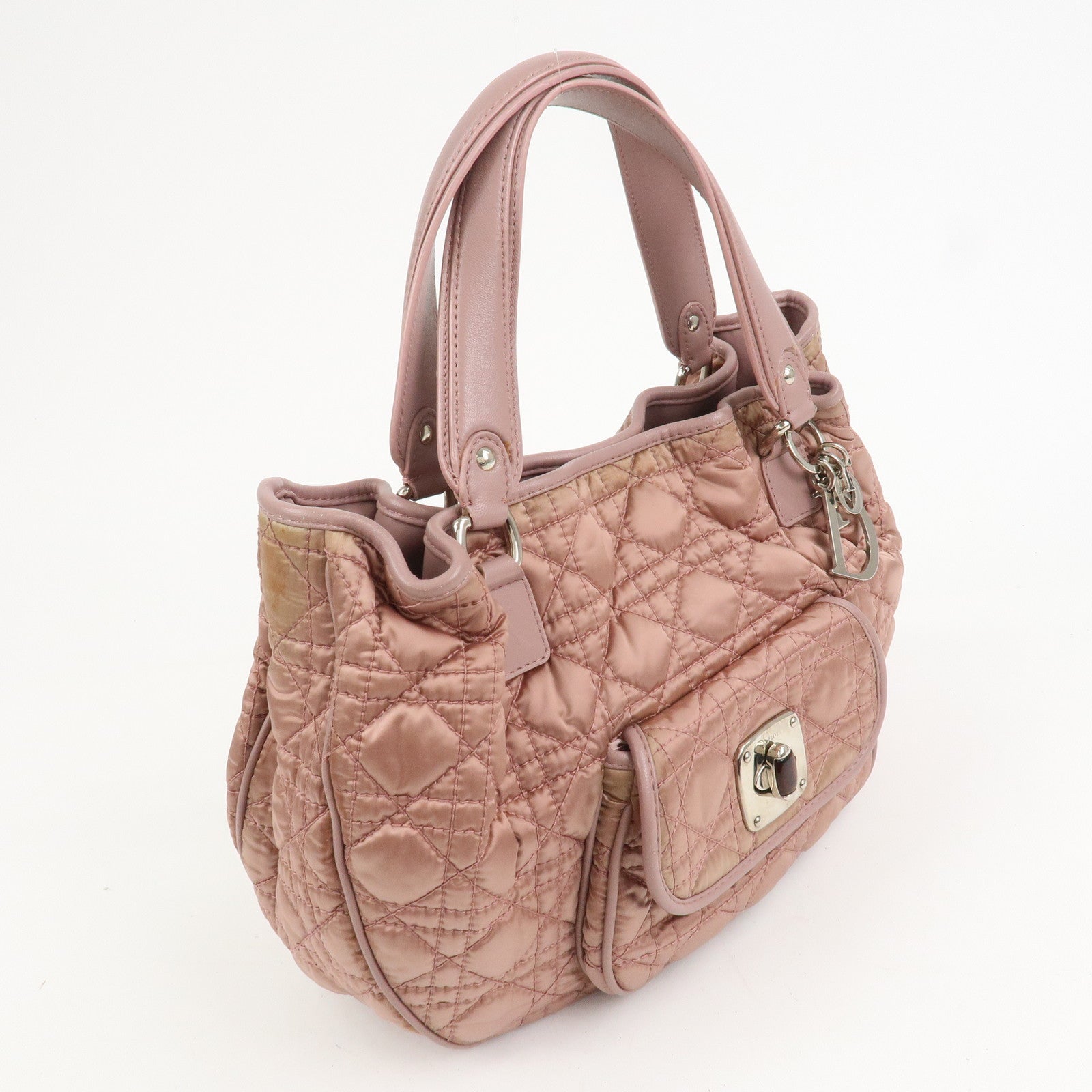 Christian Dior Cannage Nylon Leather Hand Bag Tote Bag Pink