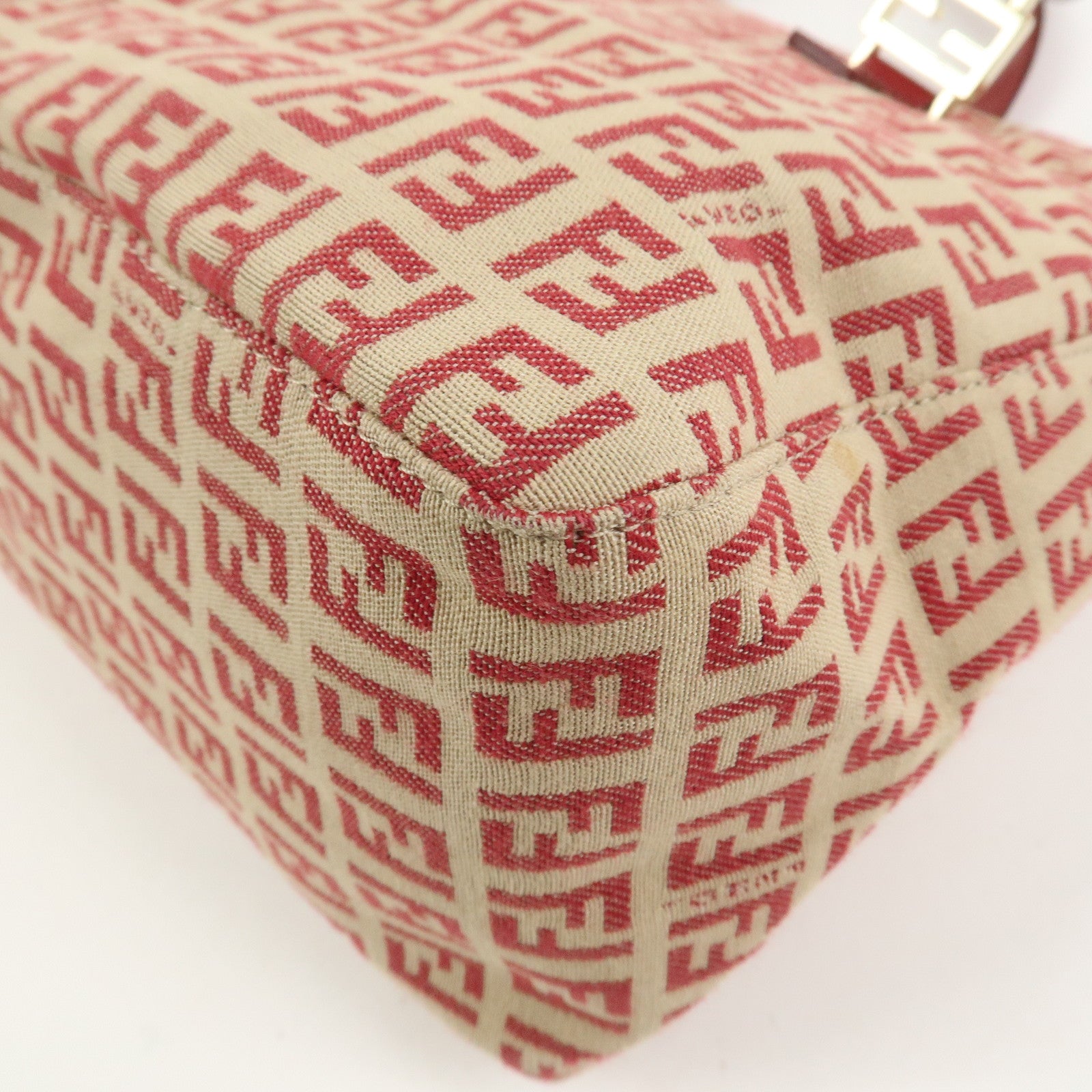 FENDI Zucchino Canvas Leather Tote Bag Hand Bag Beige Red 8BH134