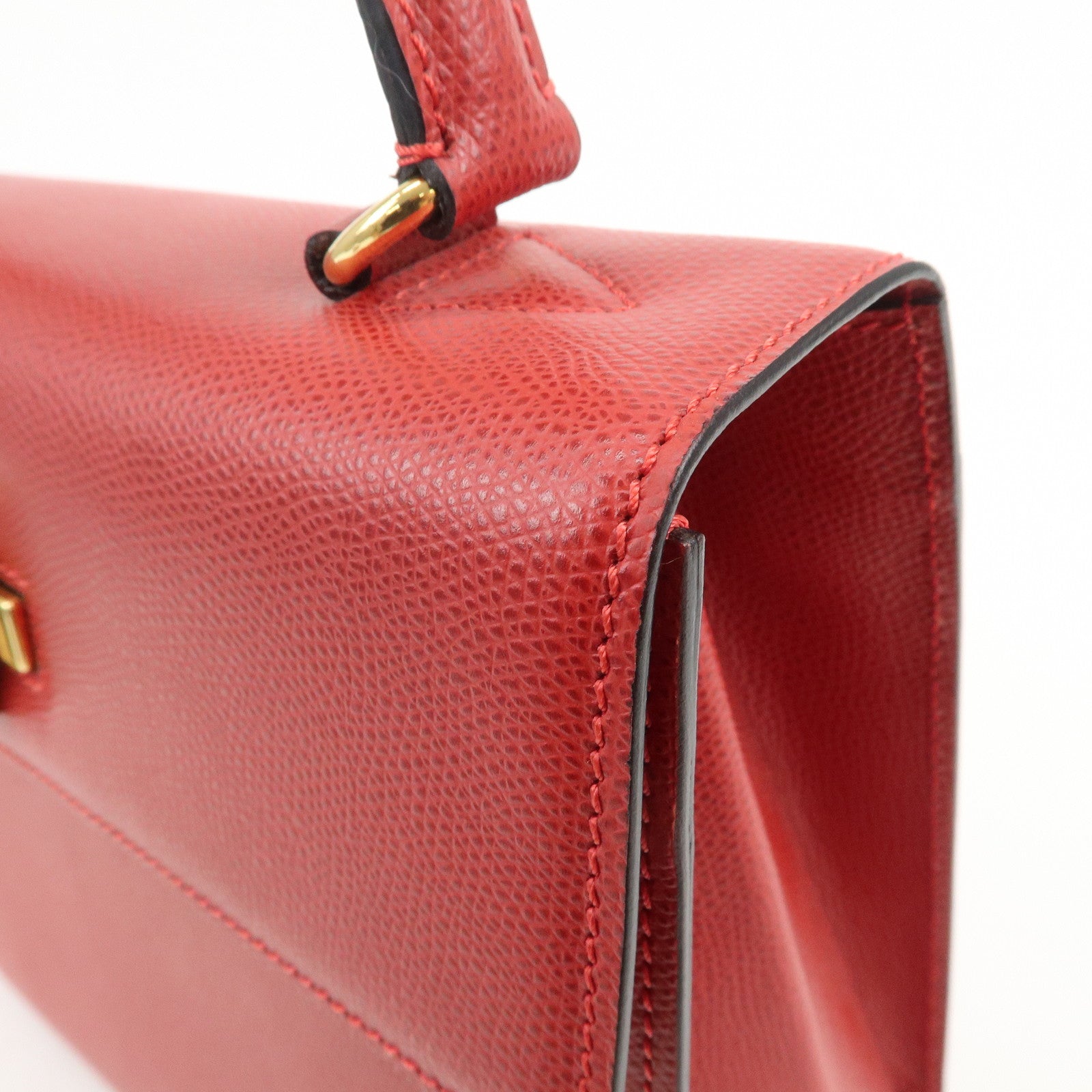 CELINE Leather Top Handle Turn Lock 2Way Hand Bag Shoulder Bag Red